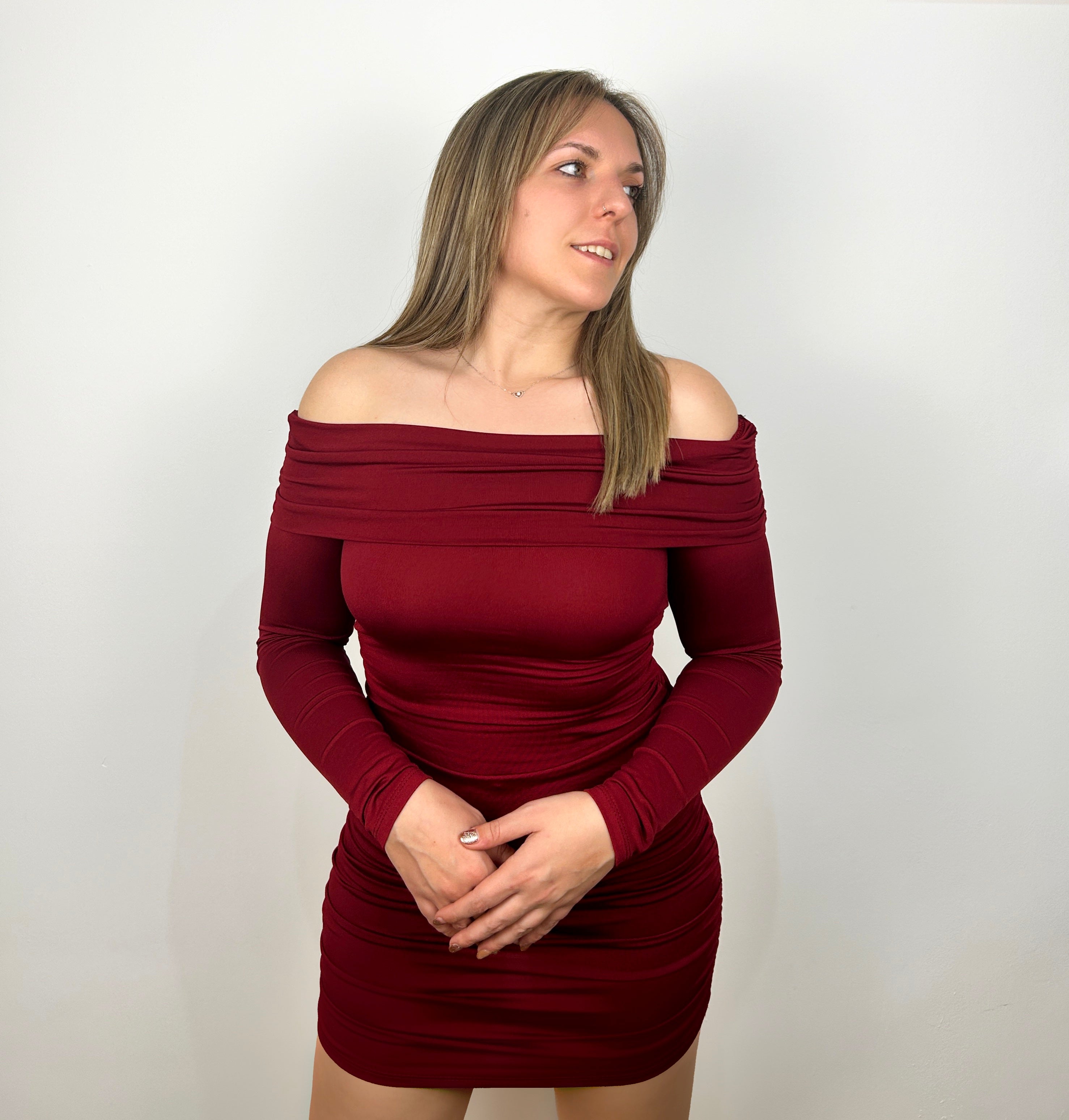 Wine bardot neckline dress