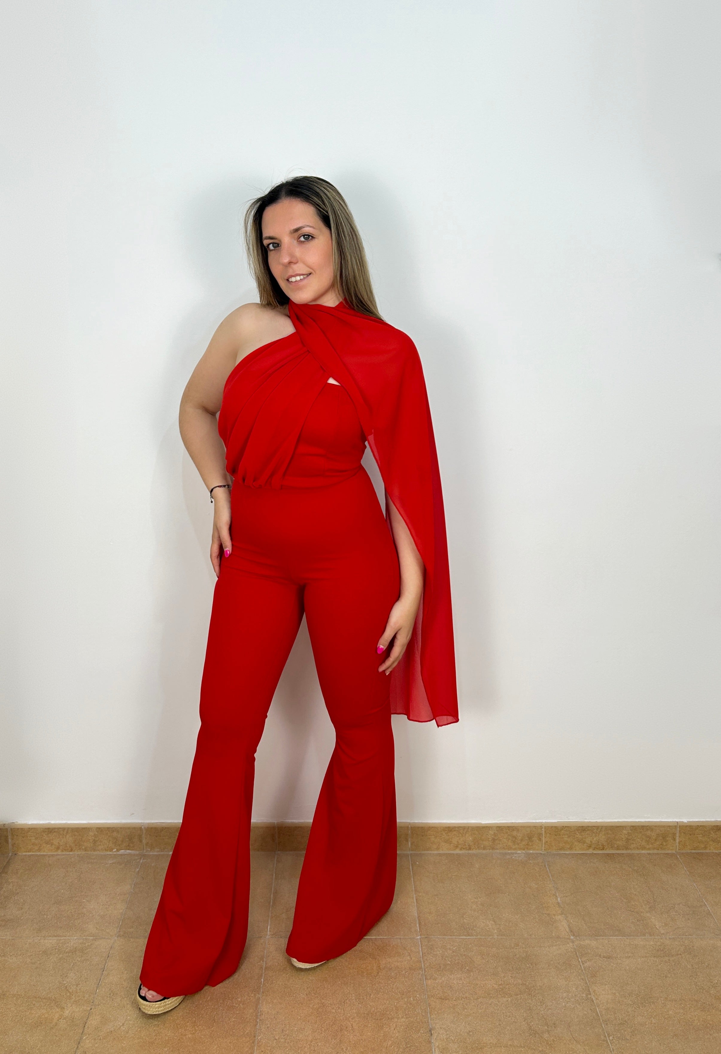 Red multi-position tulle jumpsuit