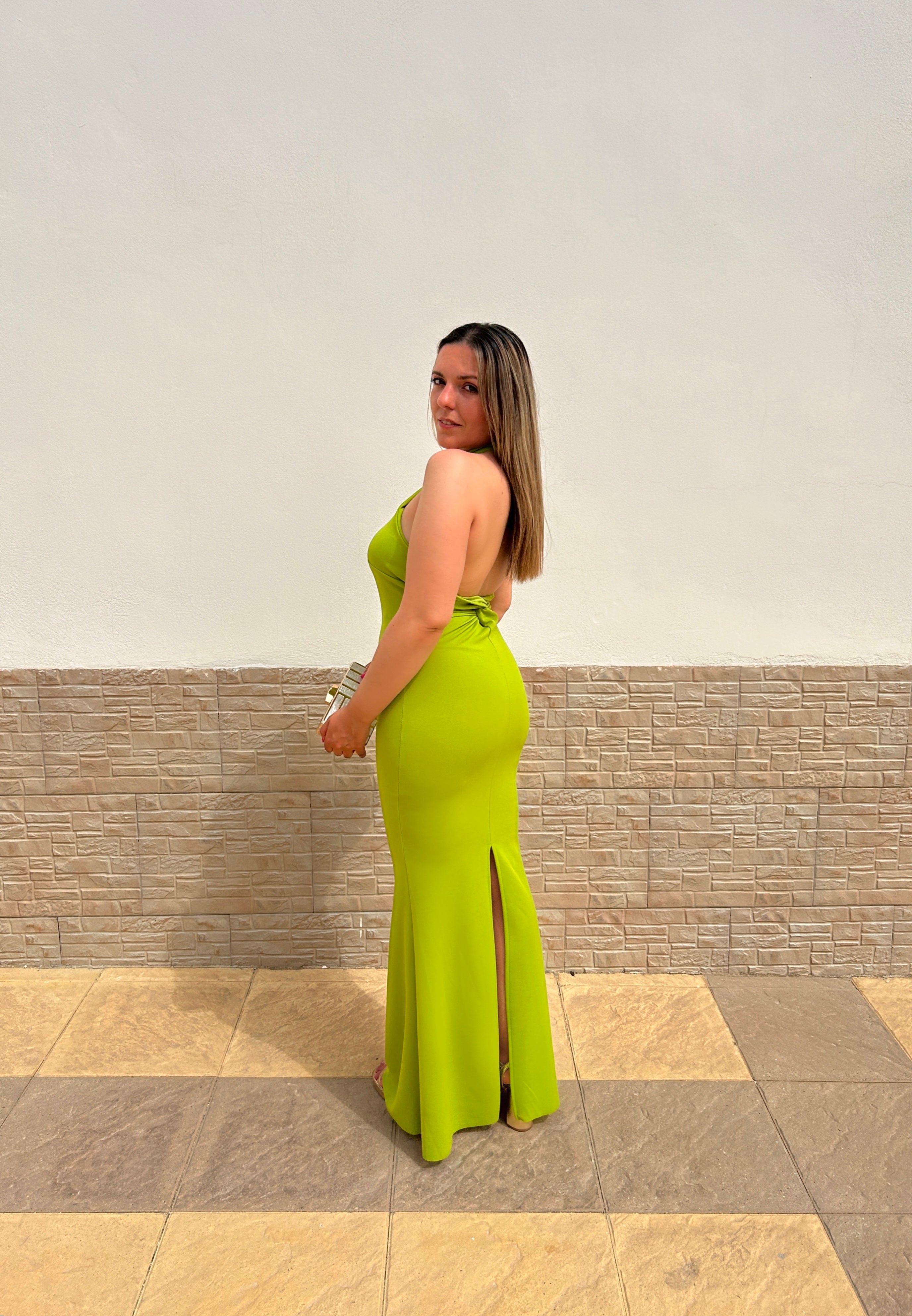 Lime knot back halter dress