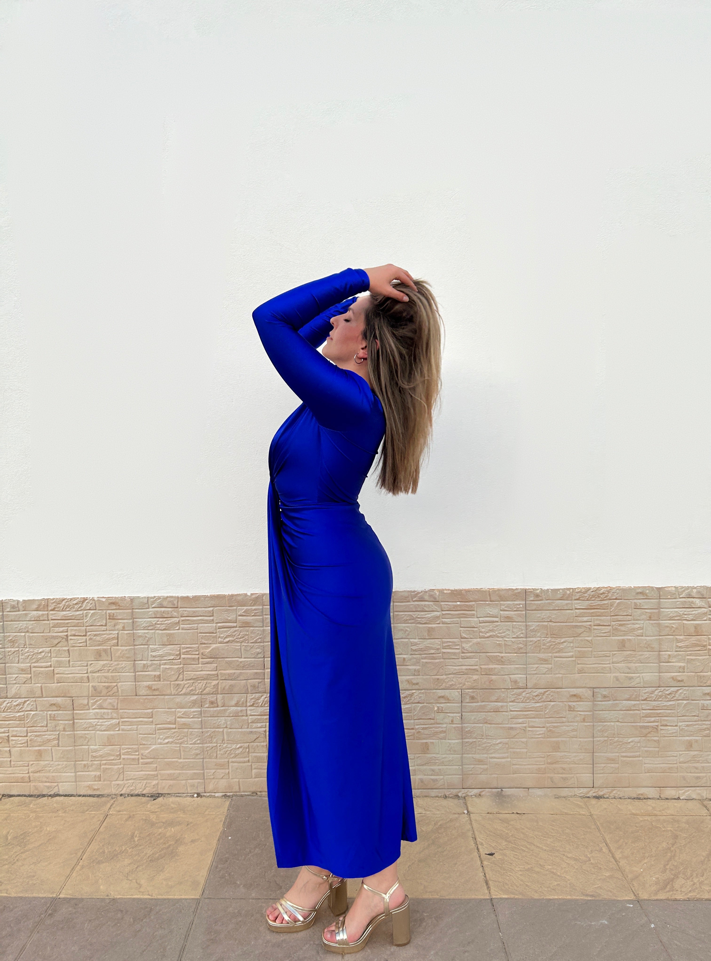 Blue plunging neckline dress