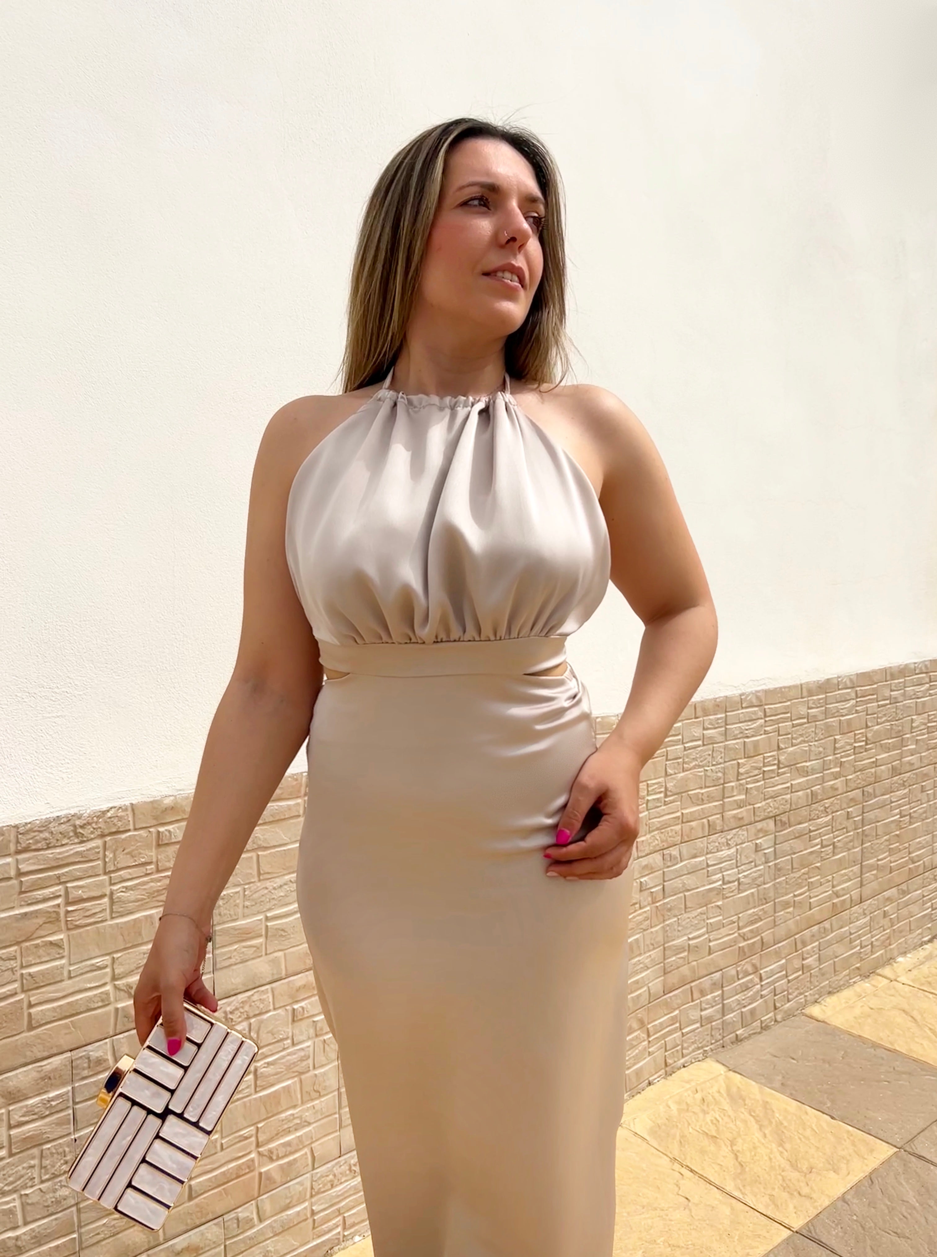 Beige satin mid-length cut-out dress