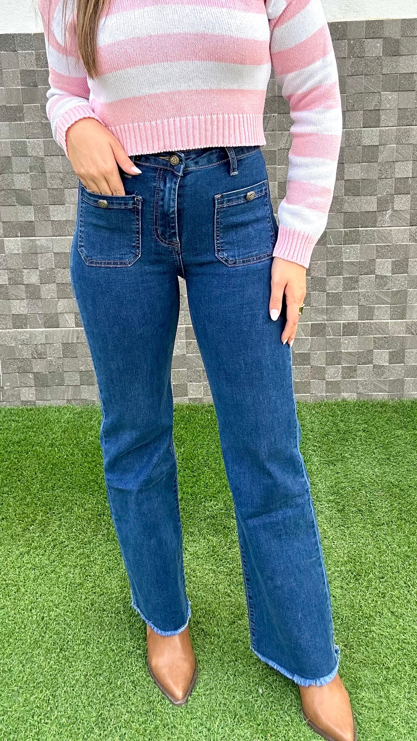 Pantalón denim ancho bolsillos