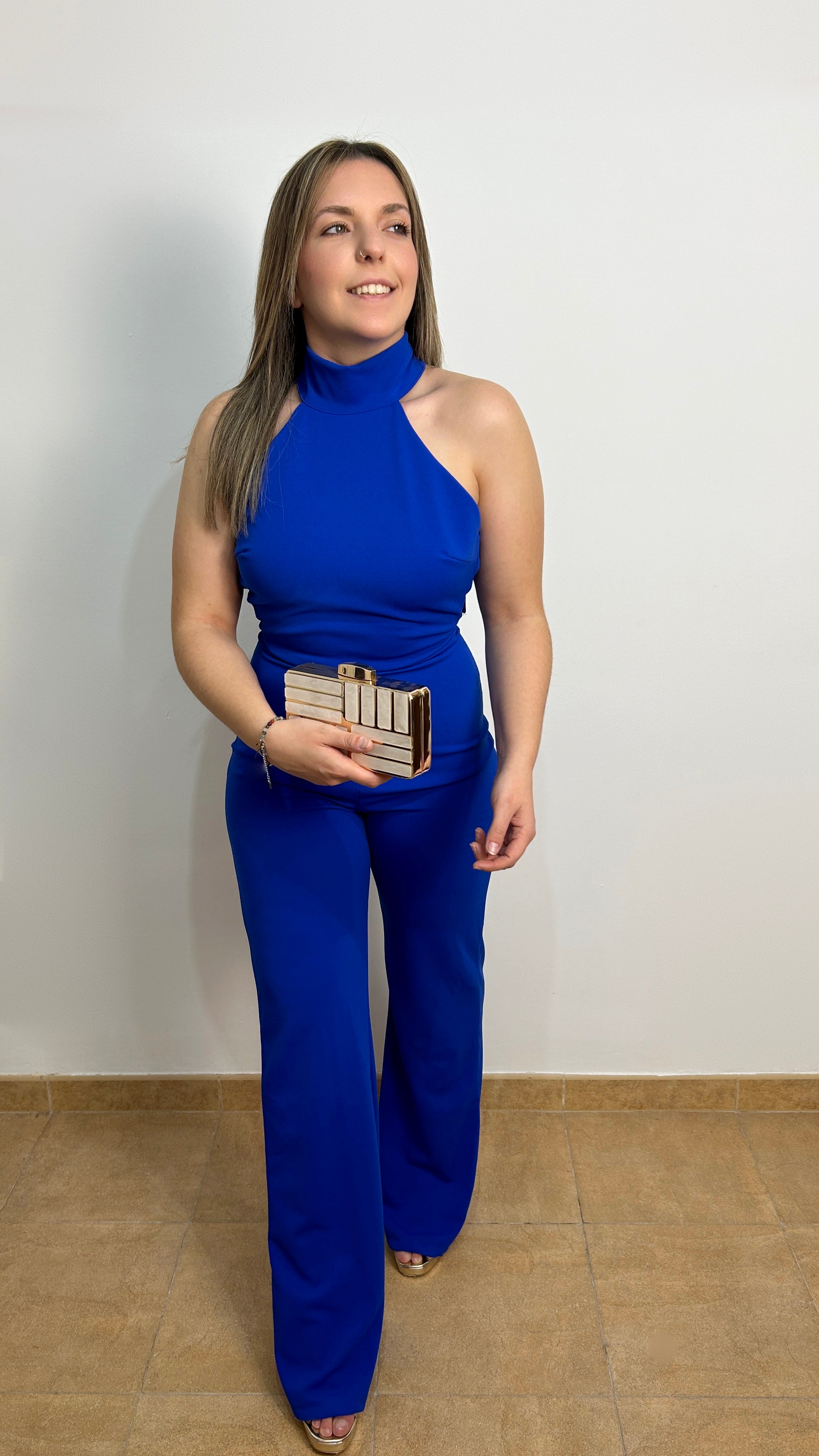 Blue flared halter jumpsuit