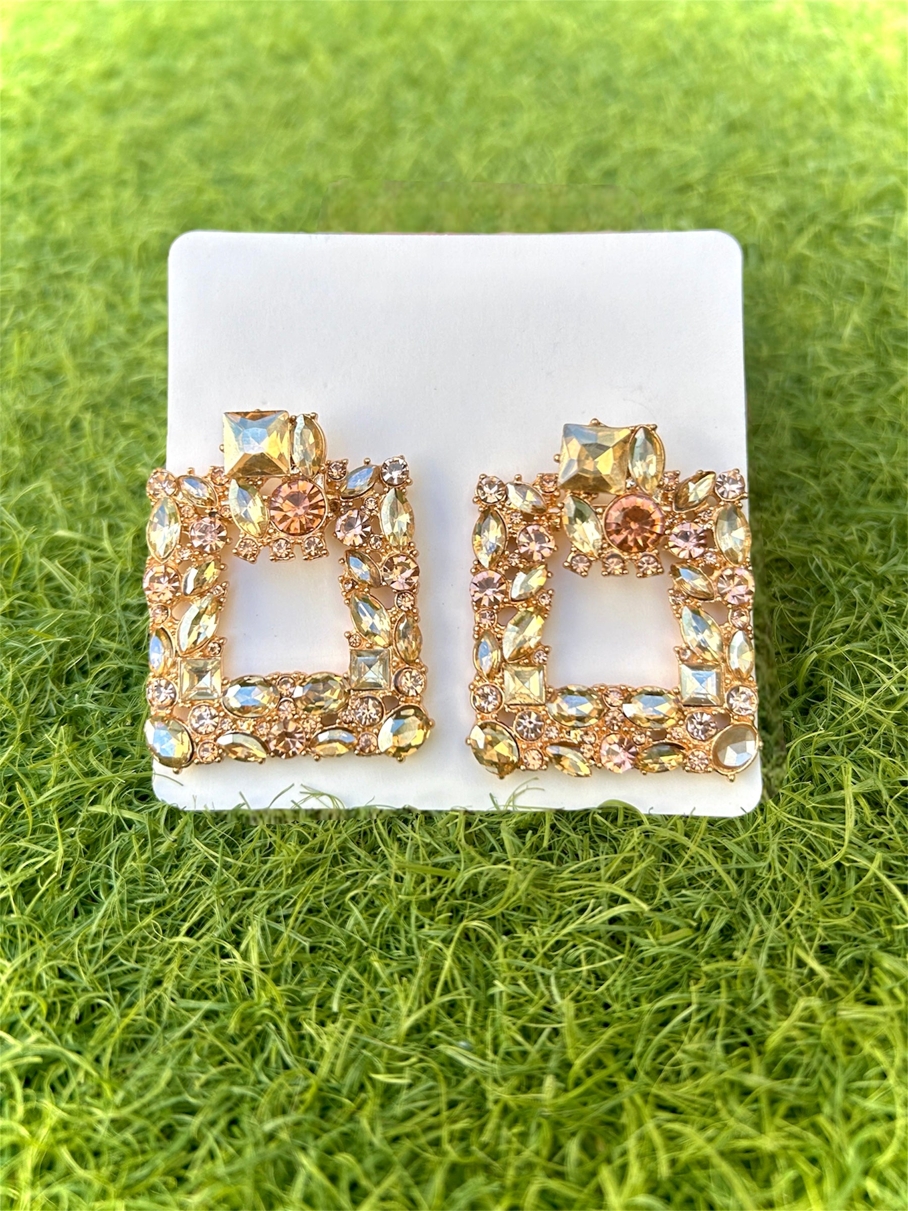 Gold square rhinestone earrings