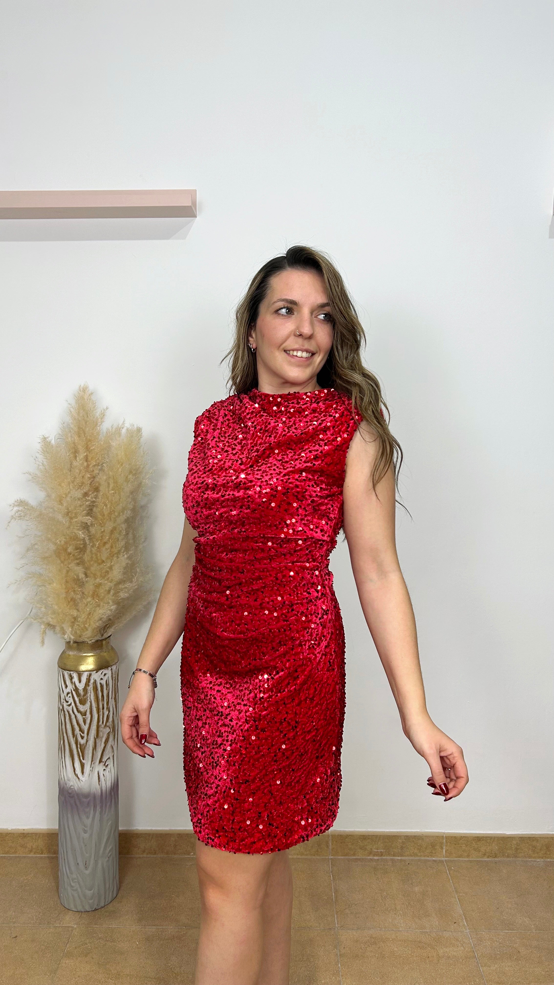 Vestido glitter fruncido rojo