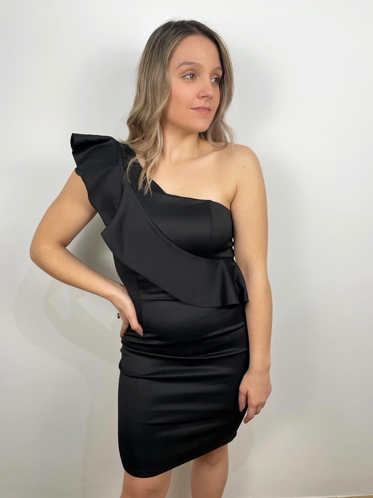 Vestido asimétrico volante negro