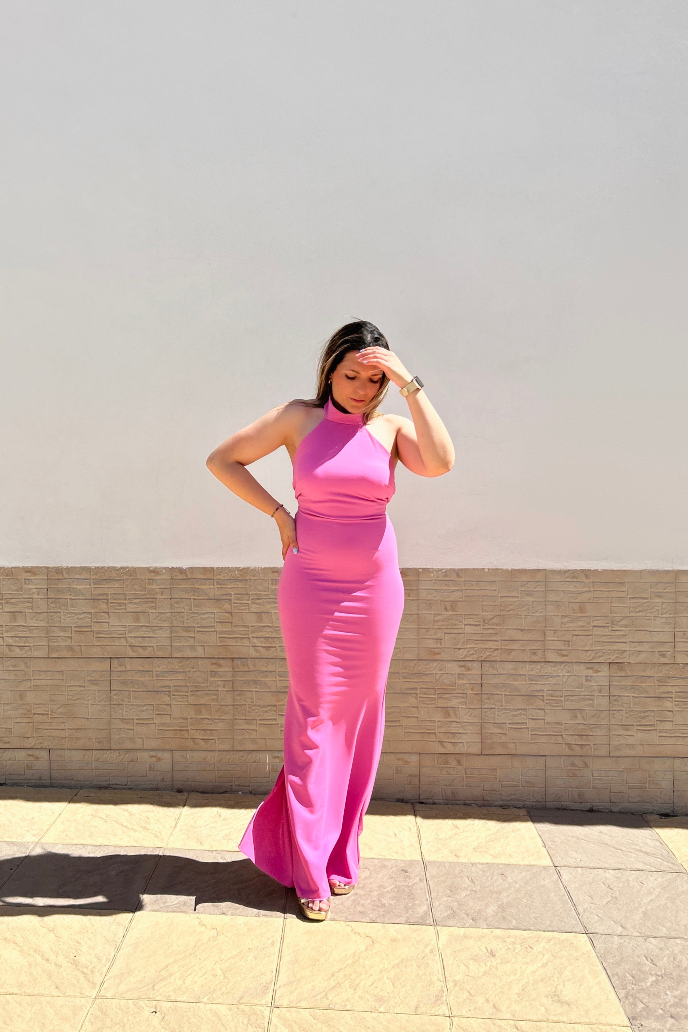 Vestido halter espalda nudo rosa