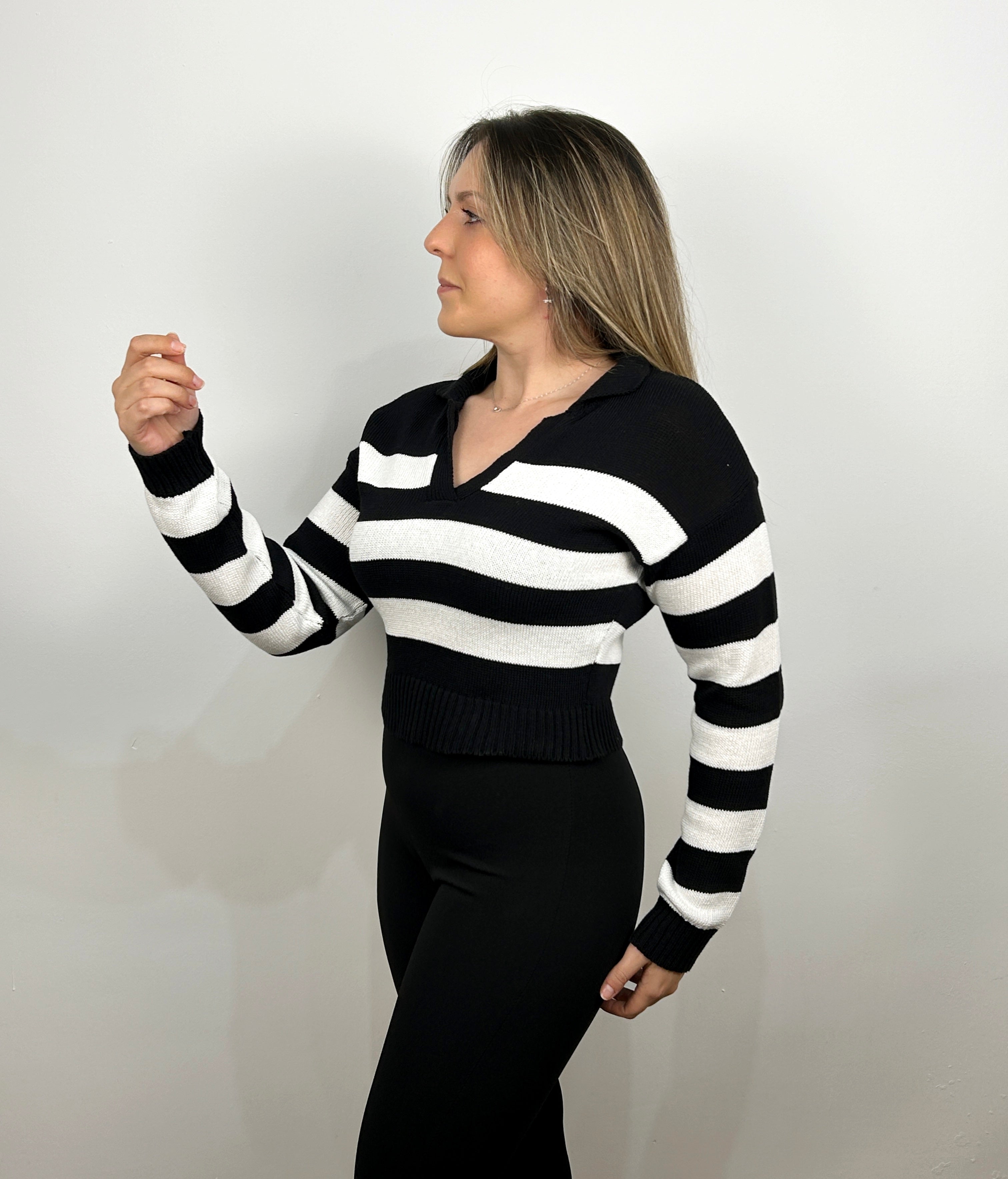 Black/white striped polo neck jersey