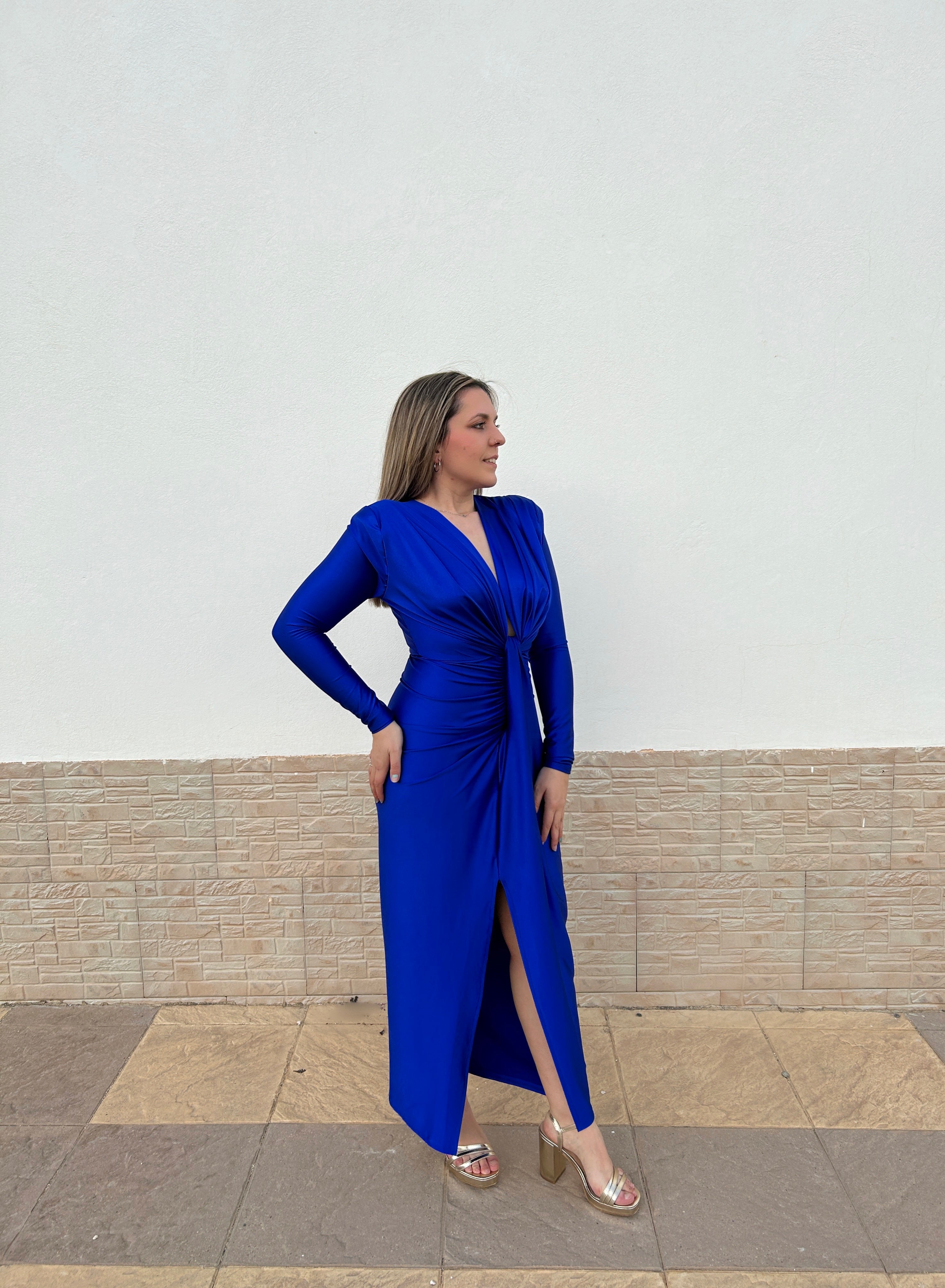 Blue plunging neckline dress