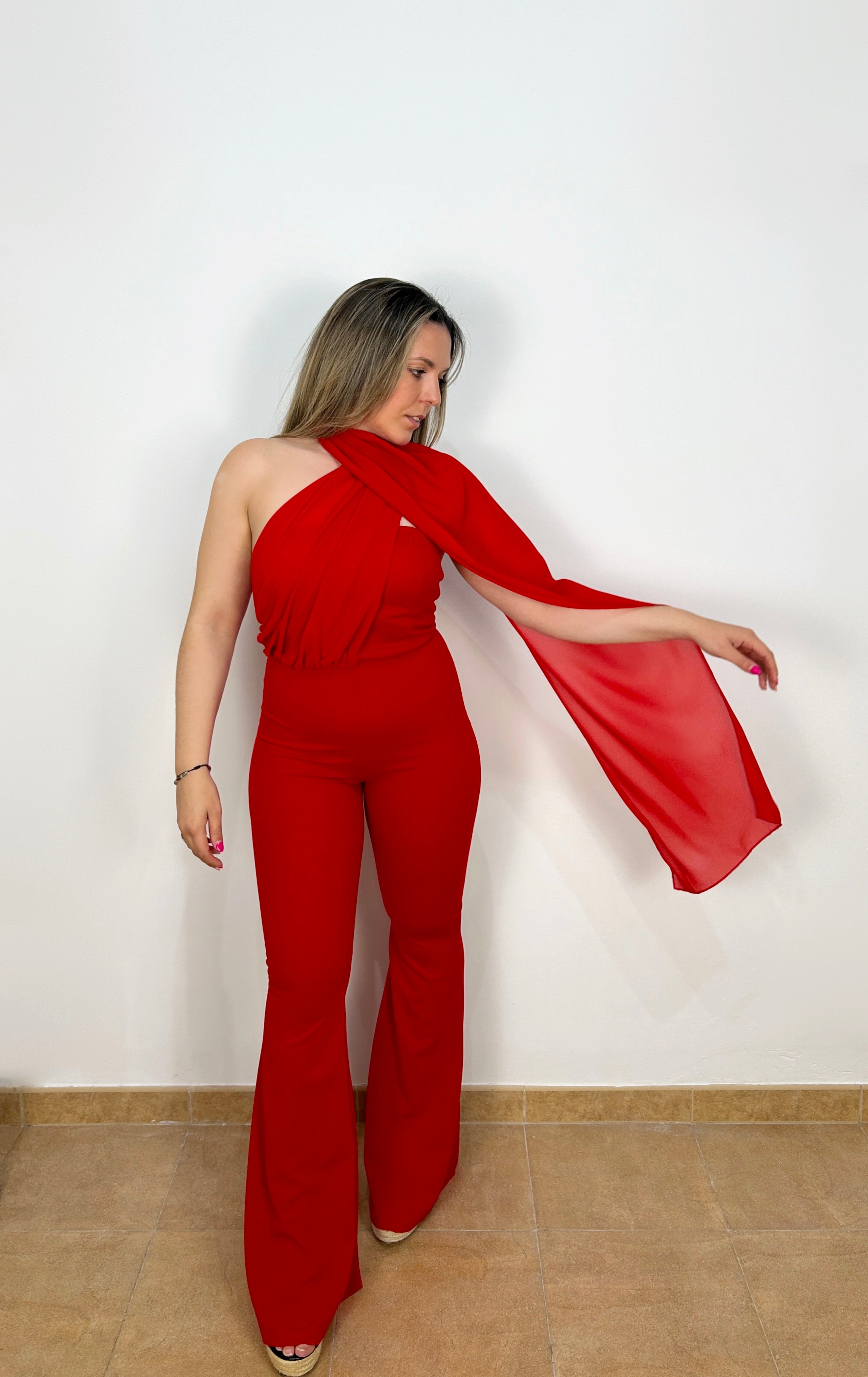 Red multi-position tulle jumpsuit