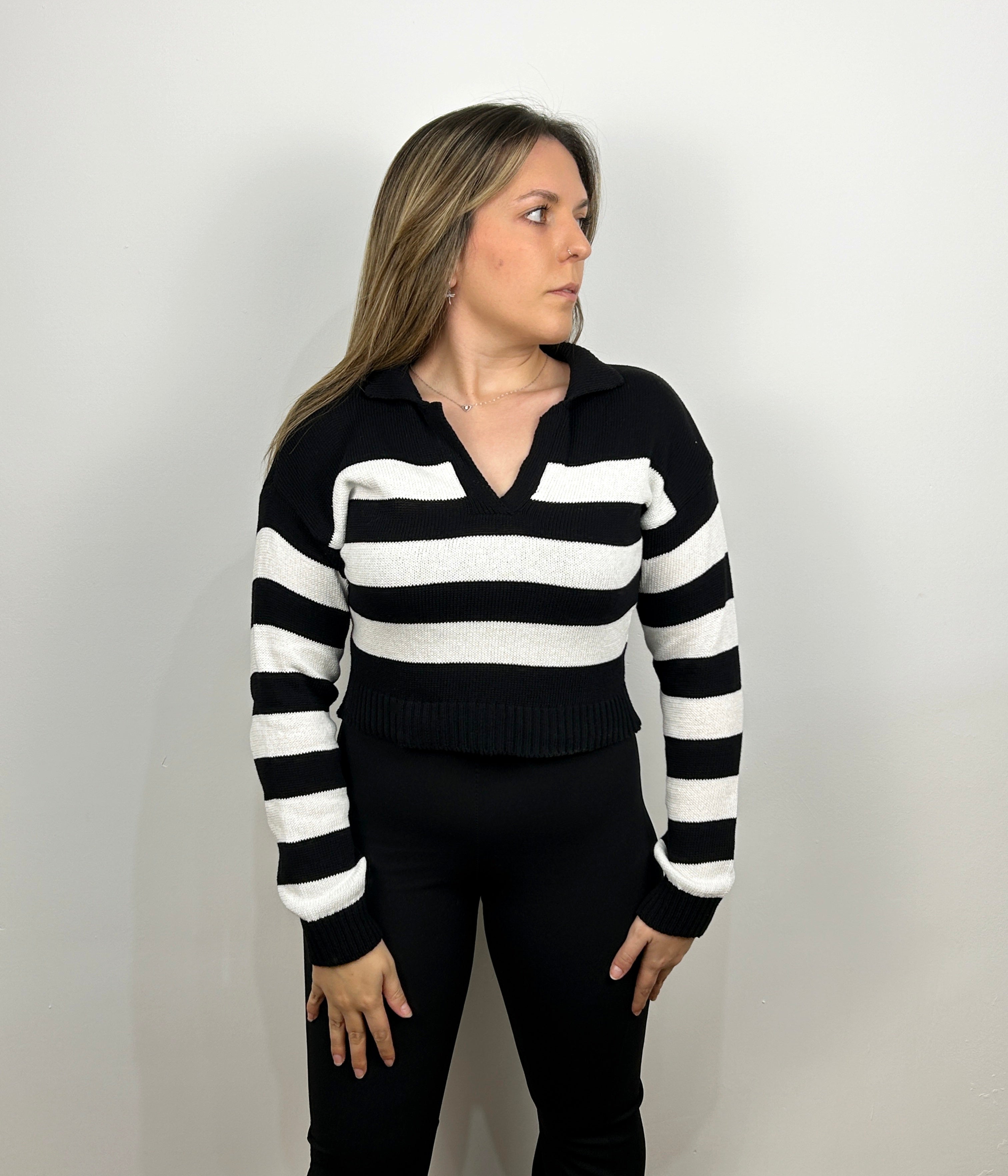 Black/white striped polo neck jersey