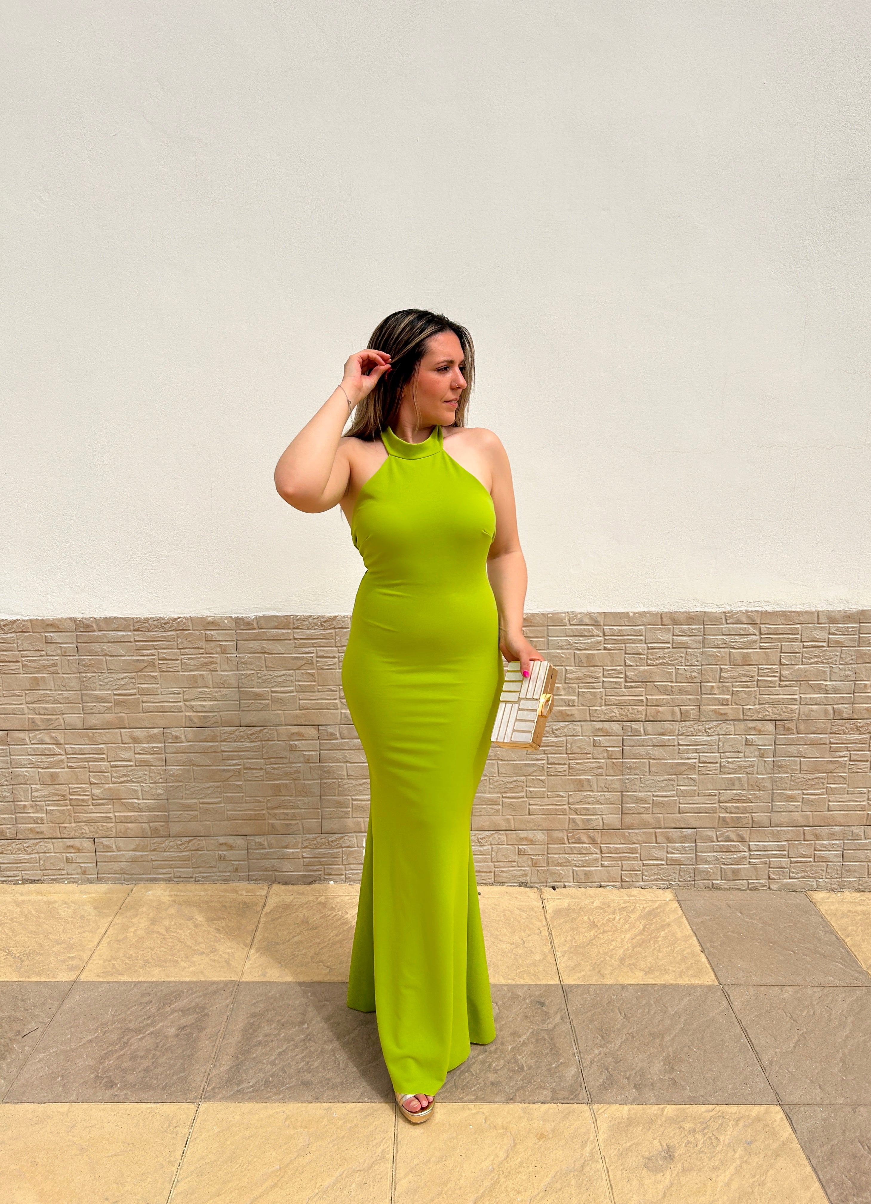 Lime knot back halter dress