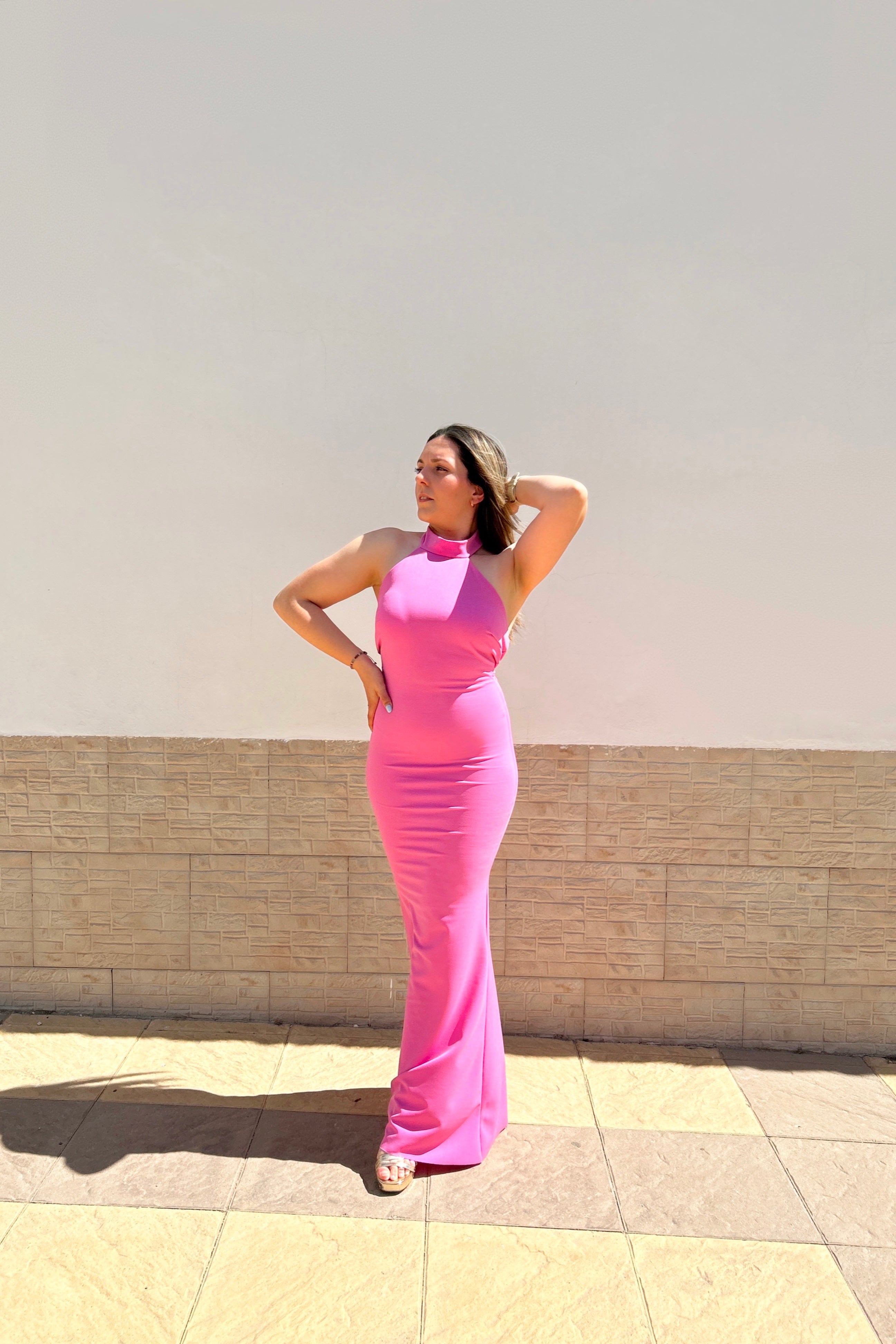 Vestido halter espalda nudo rosa