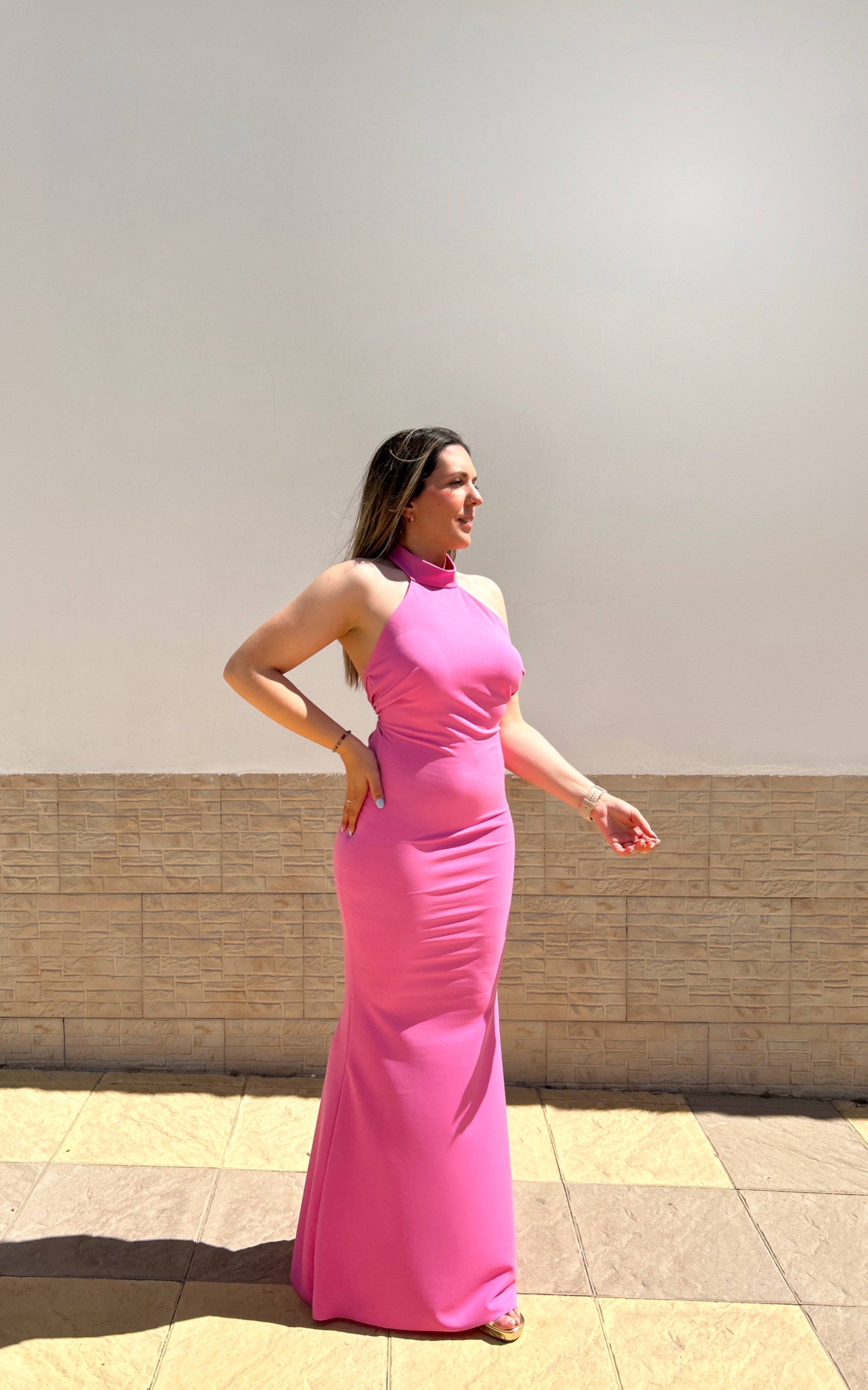 Vestido halter espalda nudo rosa