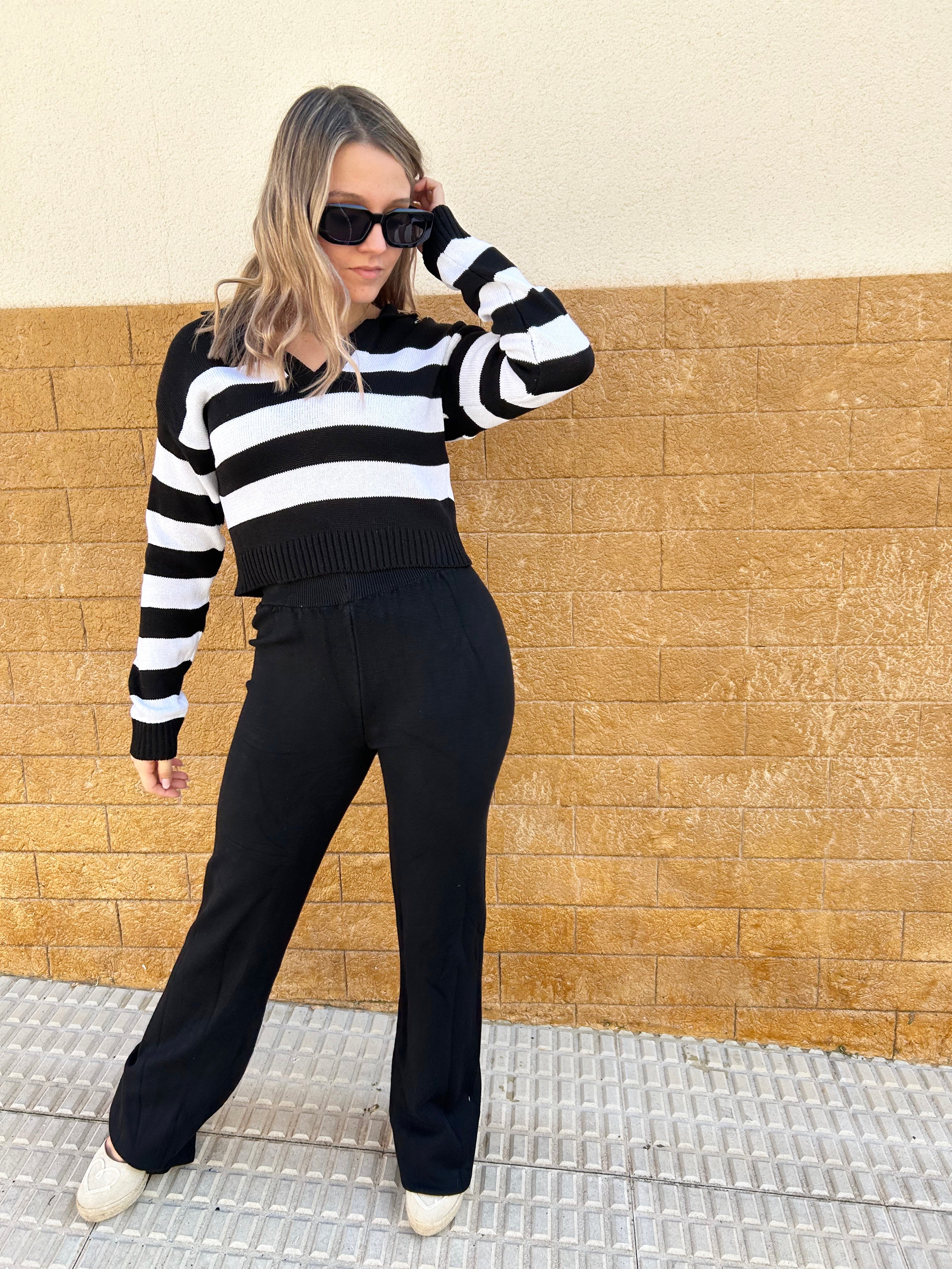 Black/white striped polo neck jersey