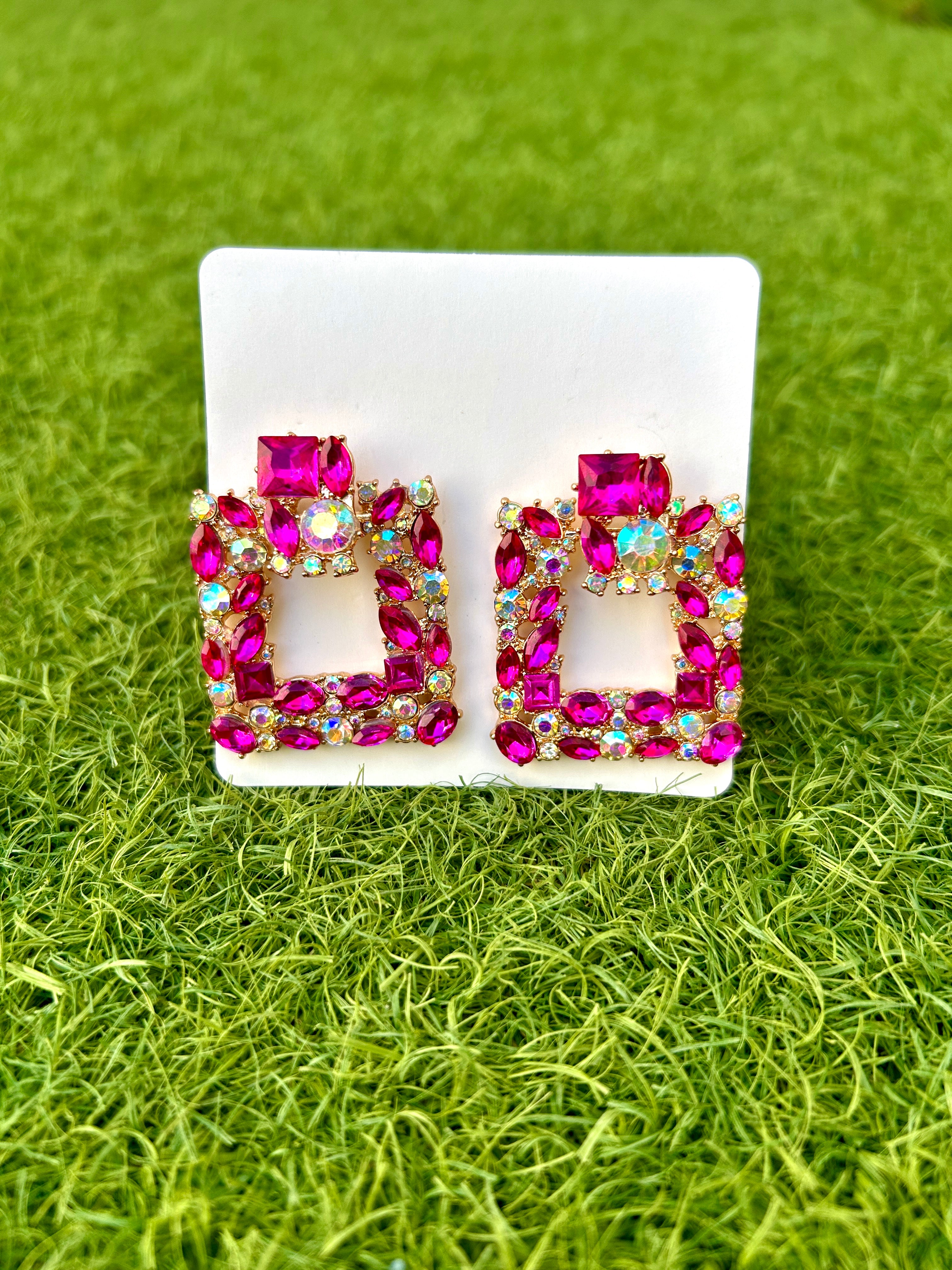 Square earrings with bougainvillea rhinestones