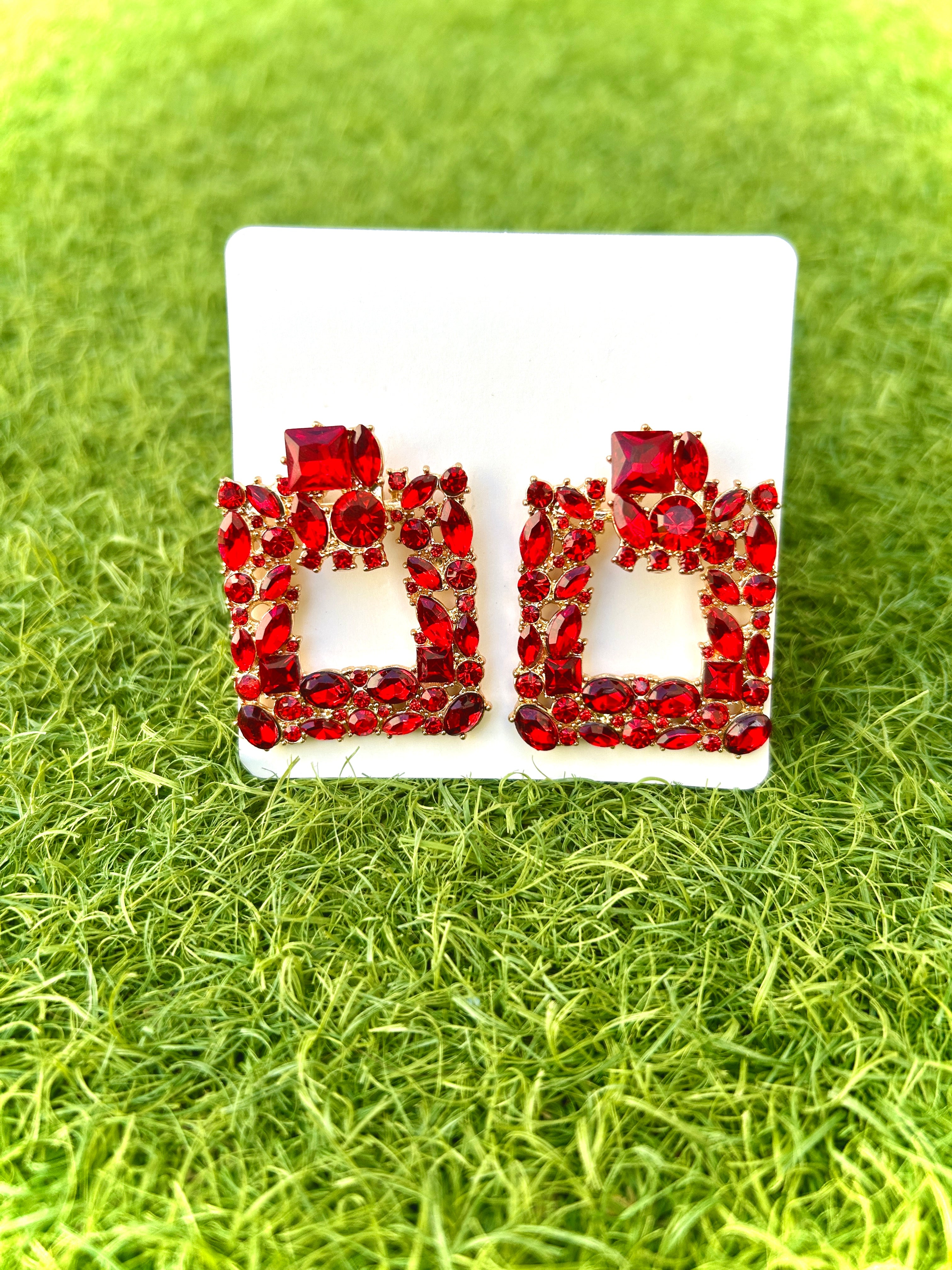 Red square rhinestone earrings