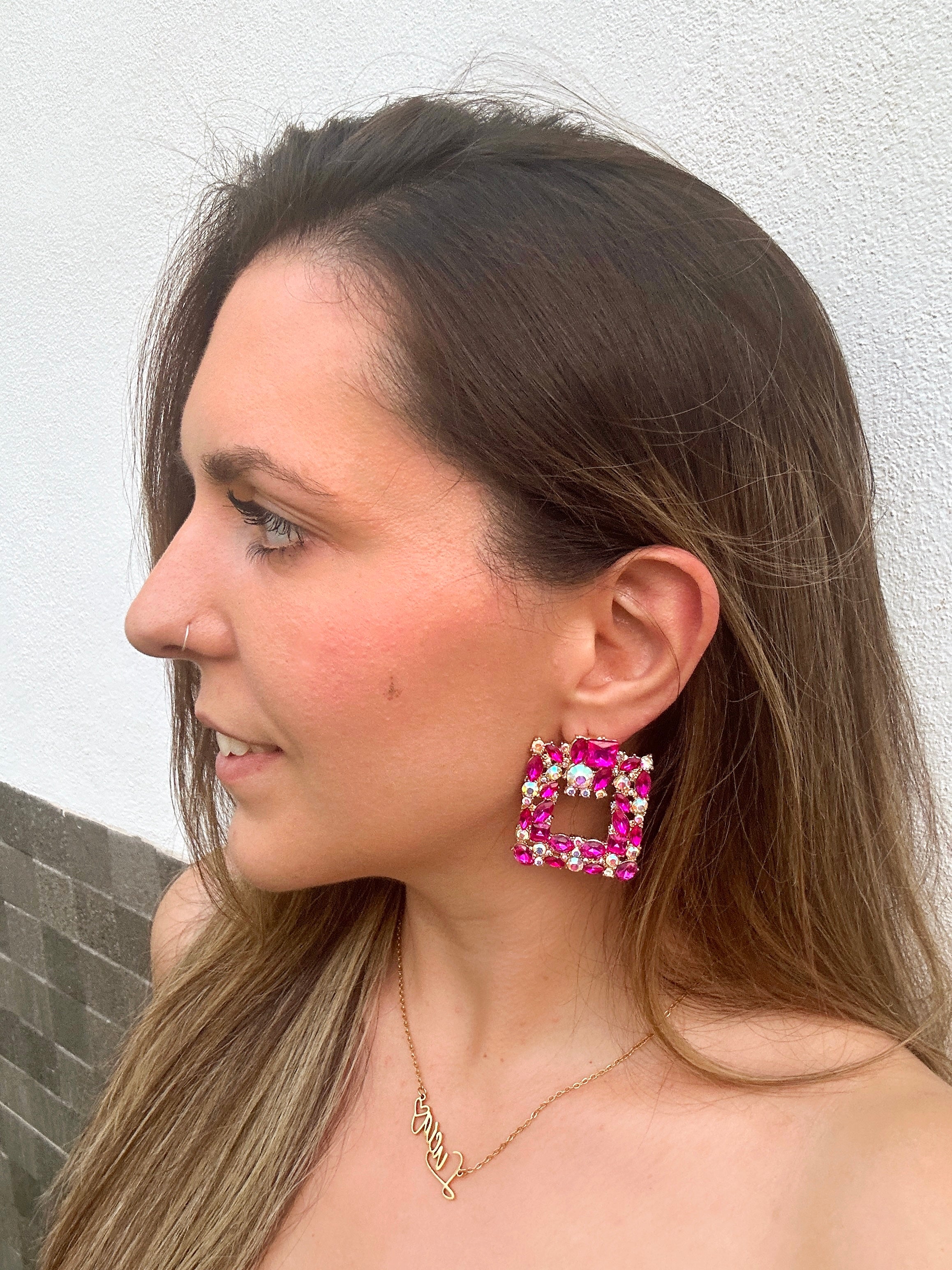 Square earrings with bougainvillea rhinestones