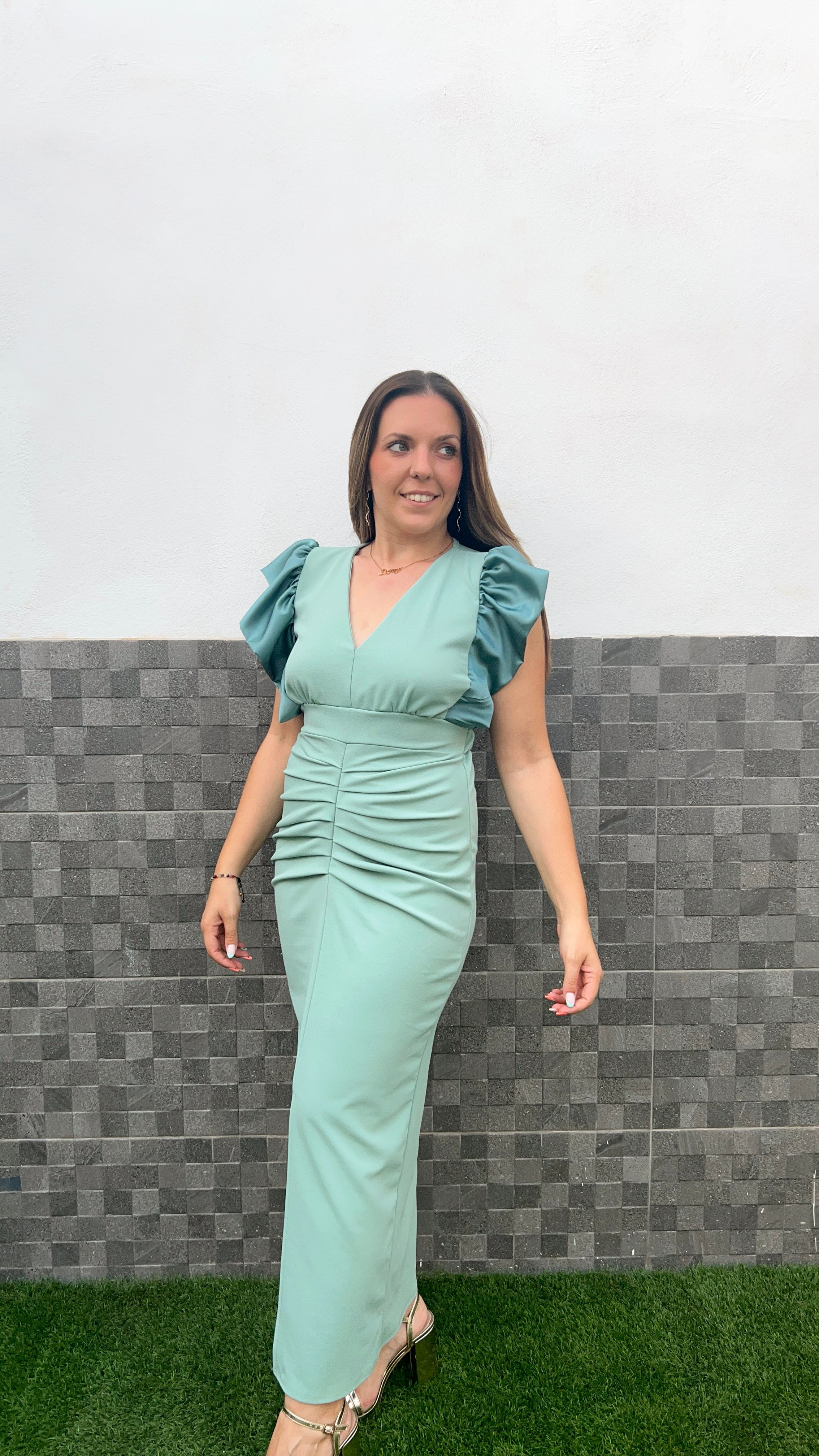 Mint draped satin ruffle dress