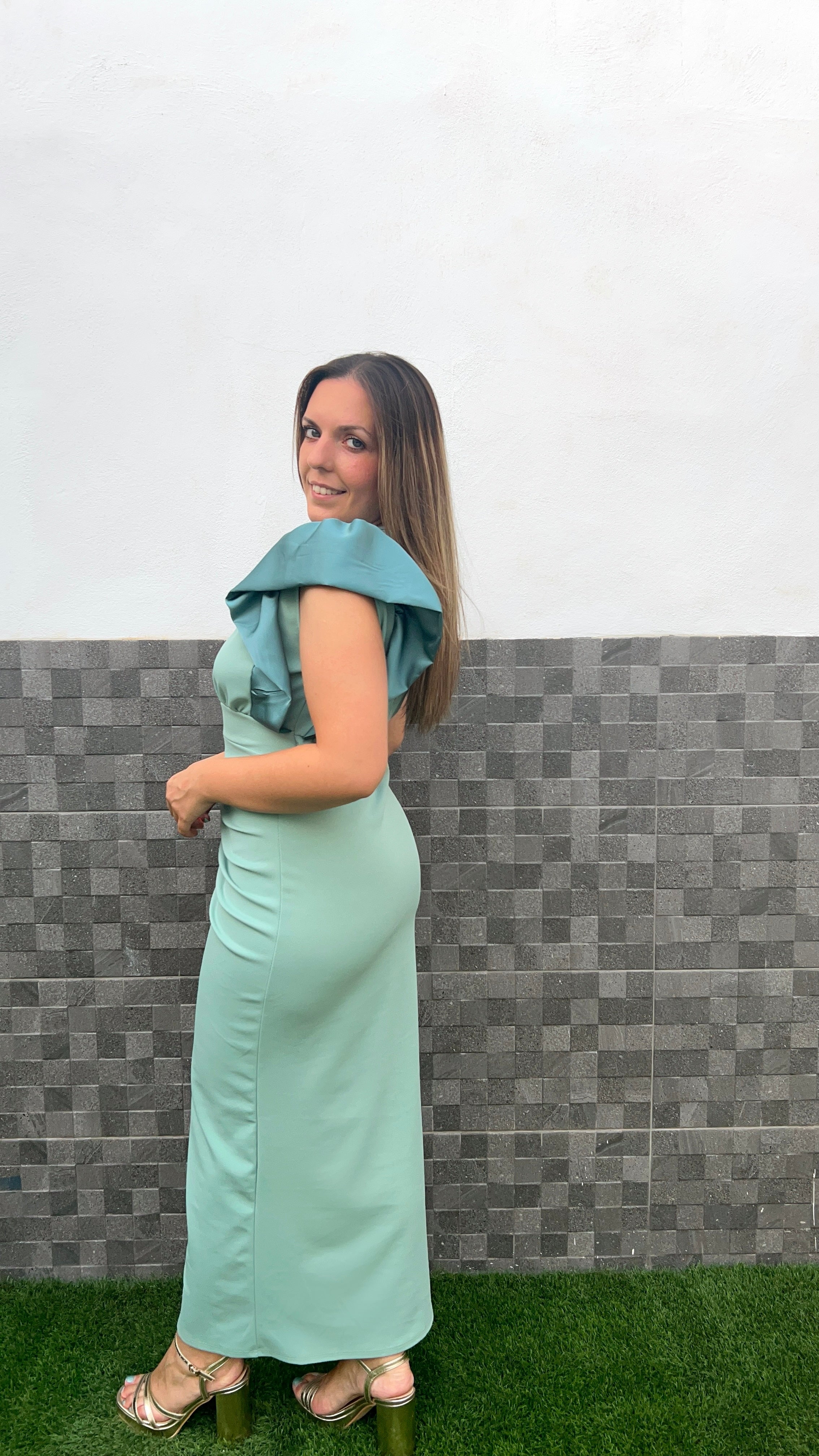 Mint Drapeado Rase Flying Kleid