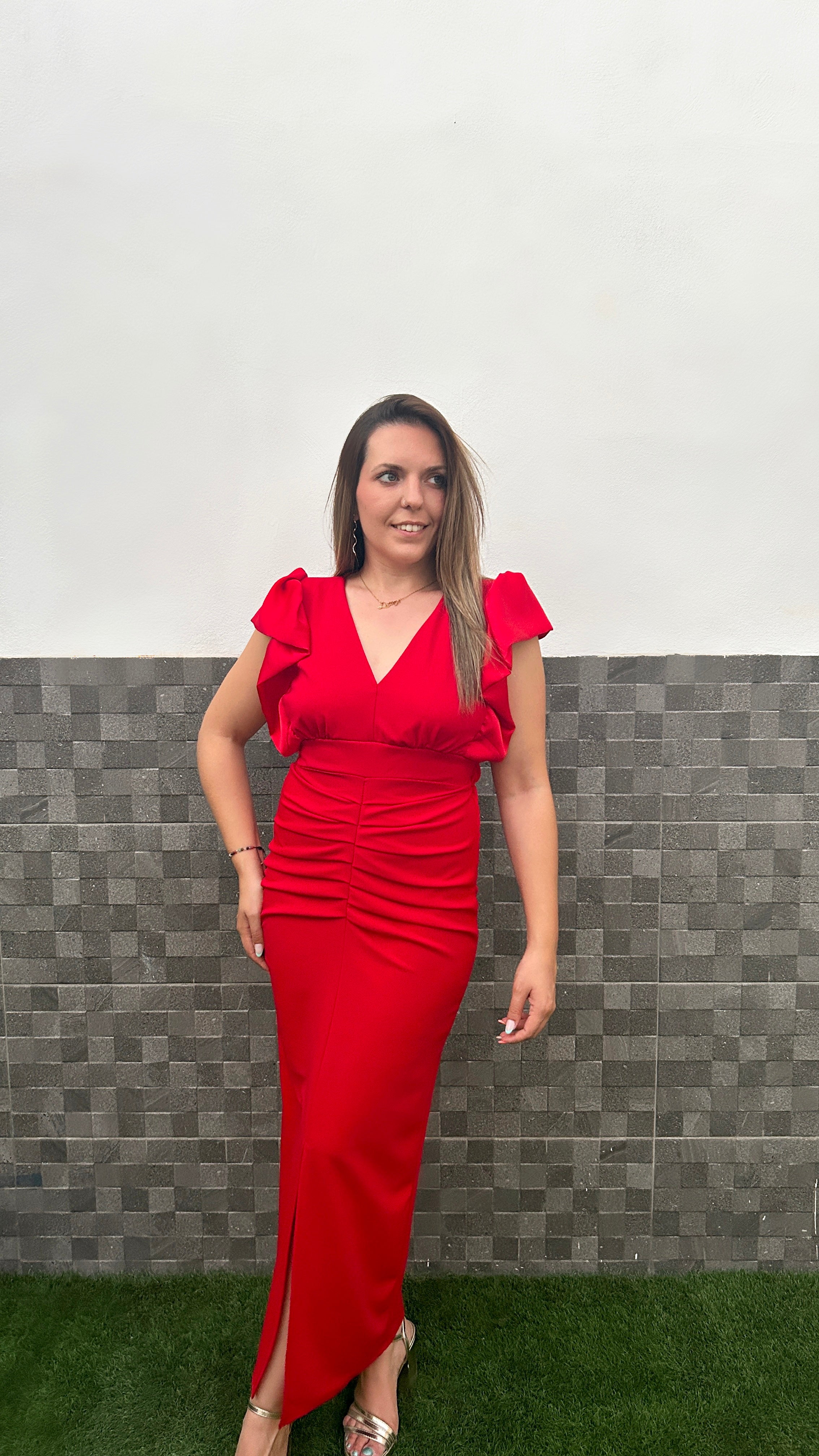 Red draped satin ruffle dress