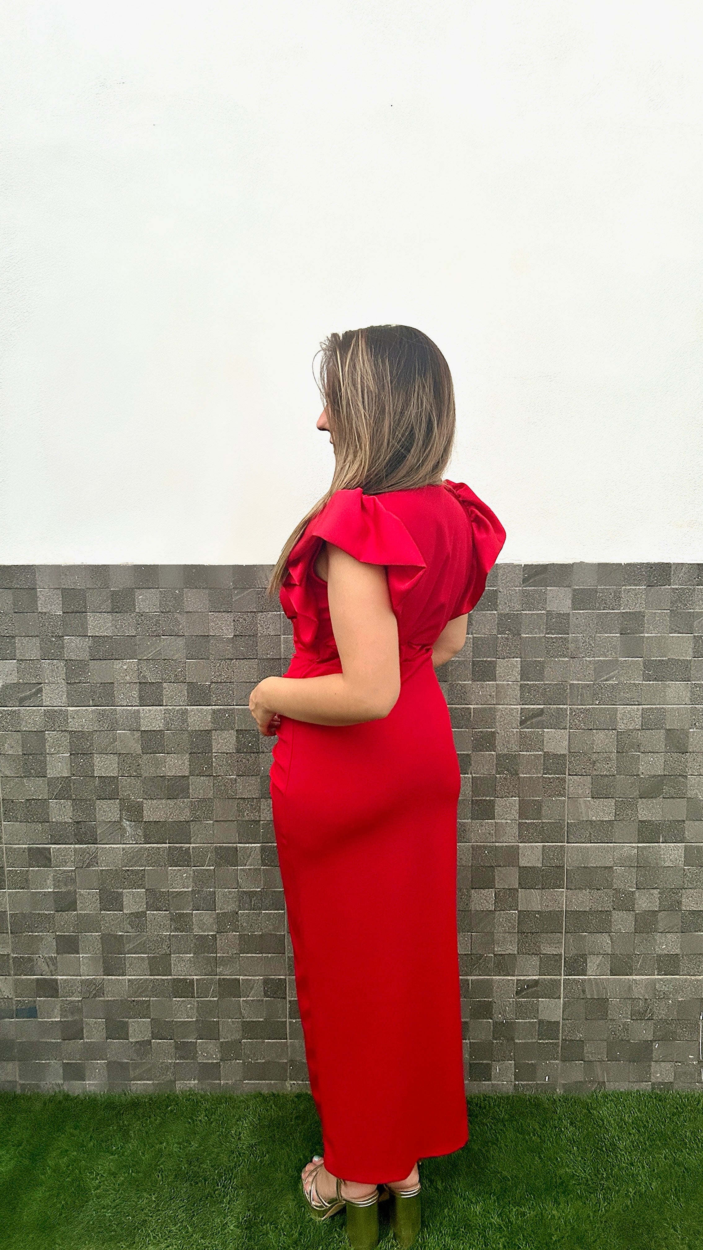 Red draped satin ruffle dress