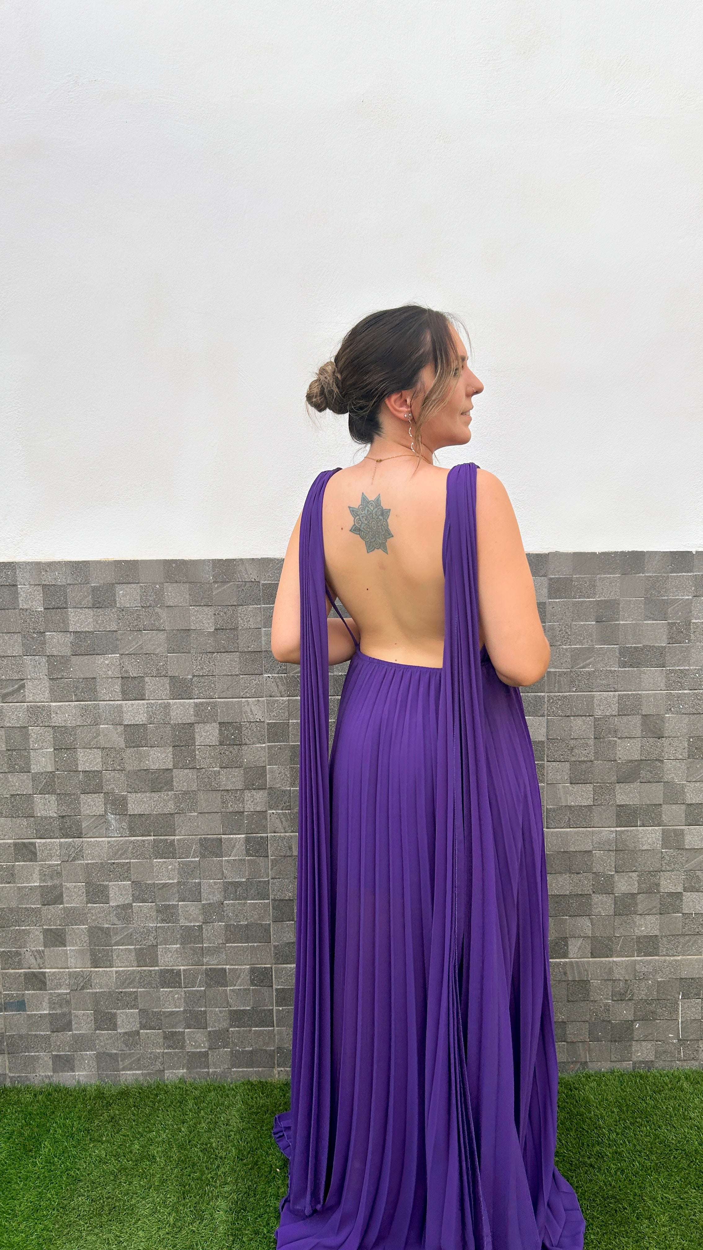 Purple open back pleated chiffon dress