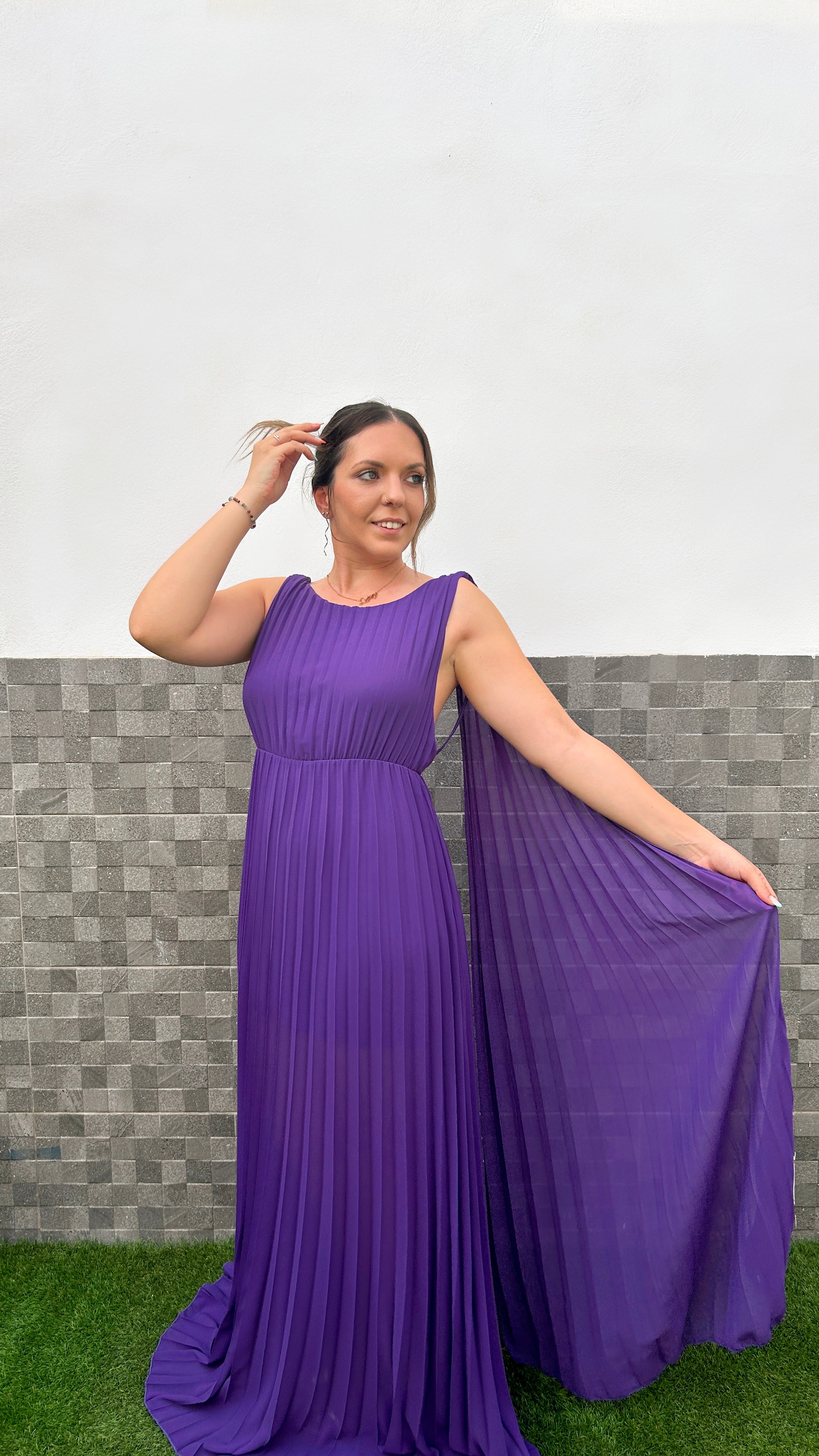 Purple open back pleated chiffon dress