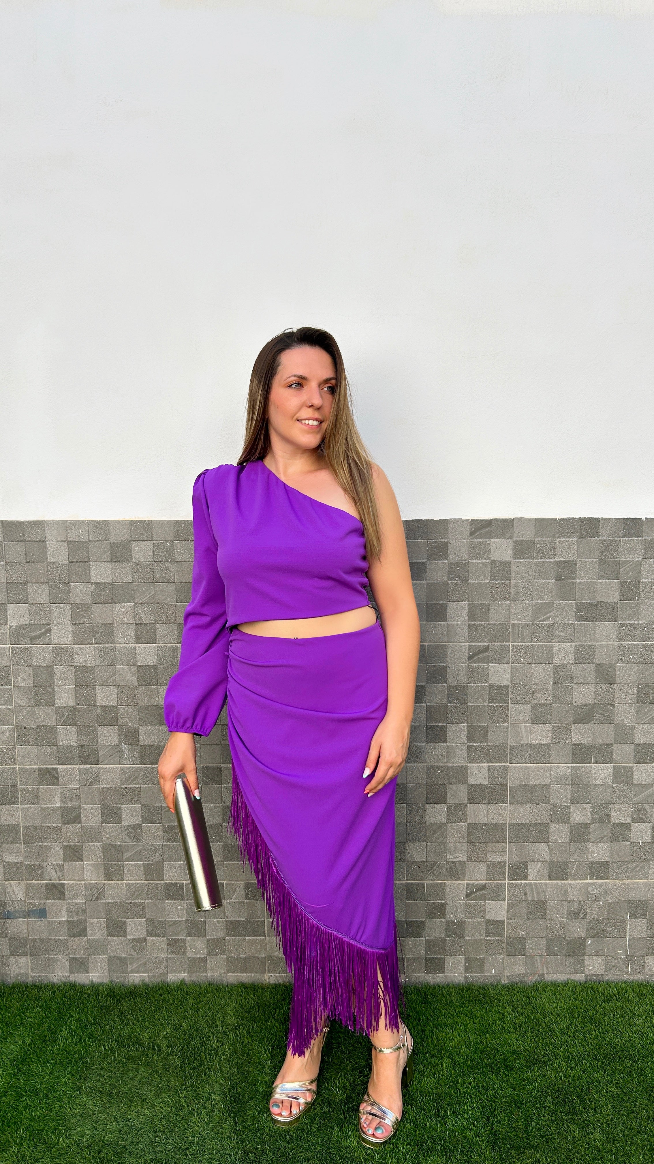 Purple asymmetrical fringe midi dress