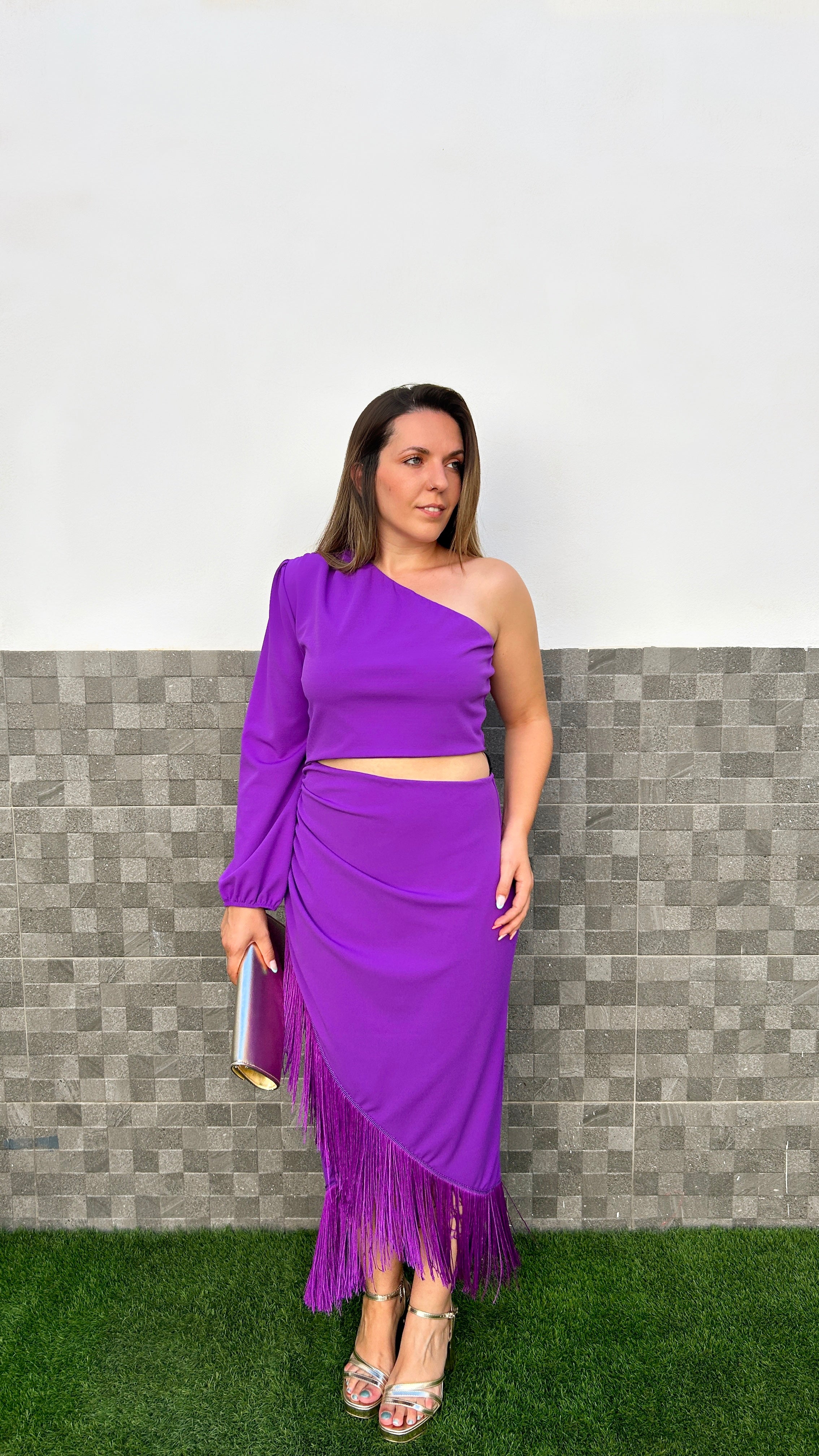 Purple asymmetrical fringe midi dress