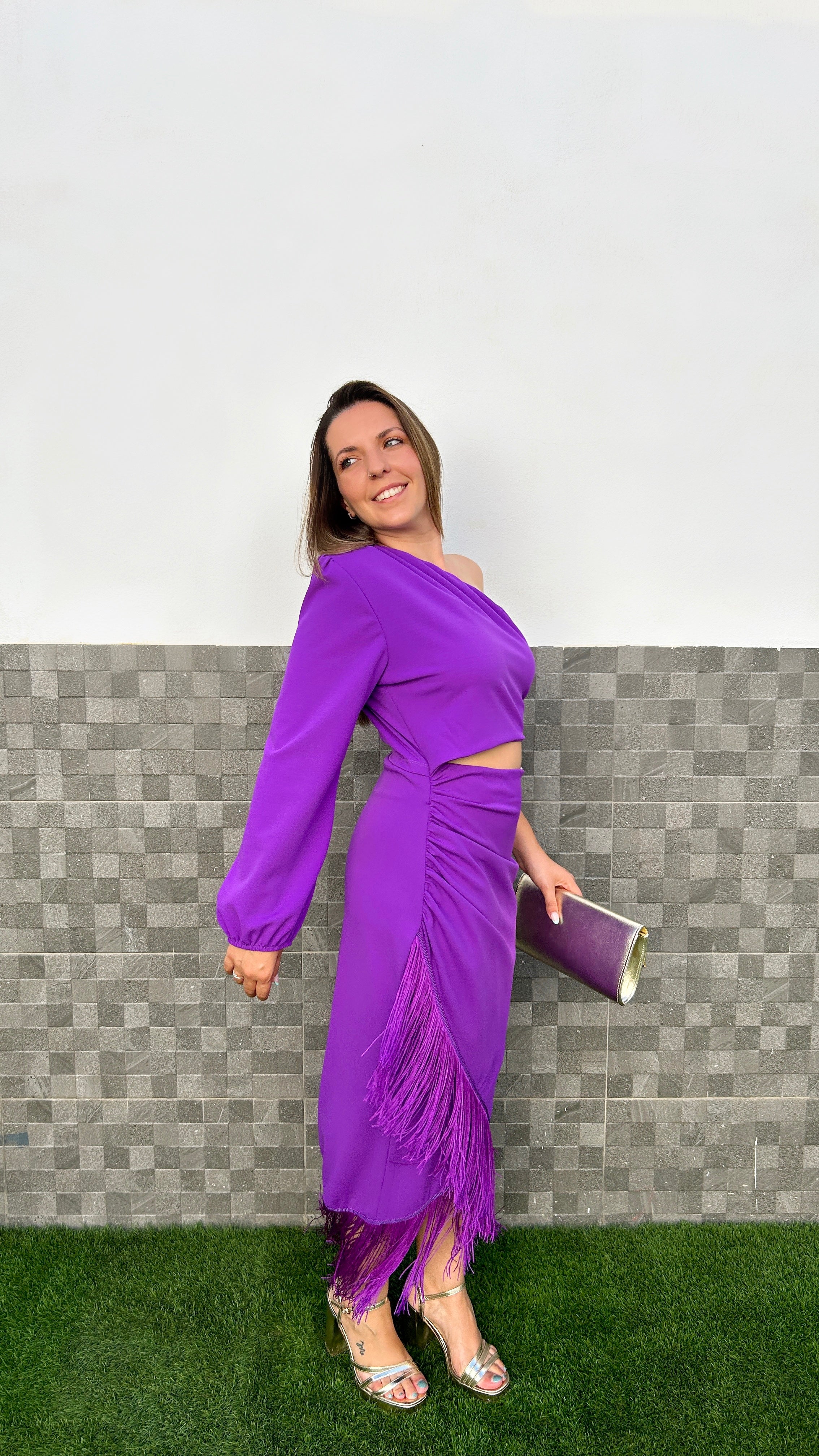 Purple asymmetrical fringe midi dress