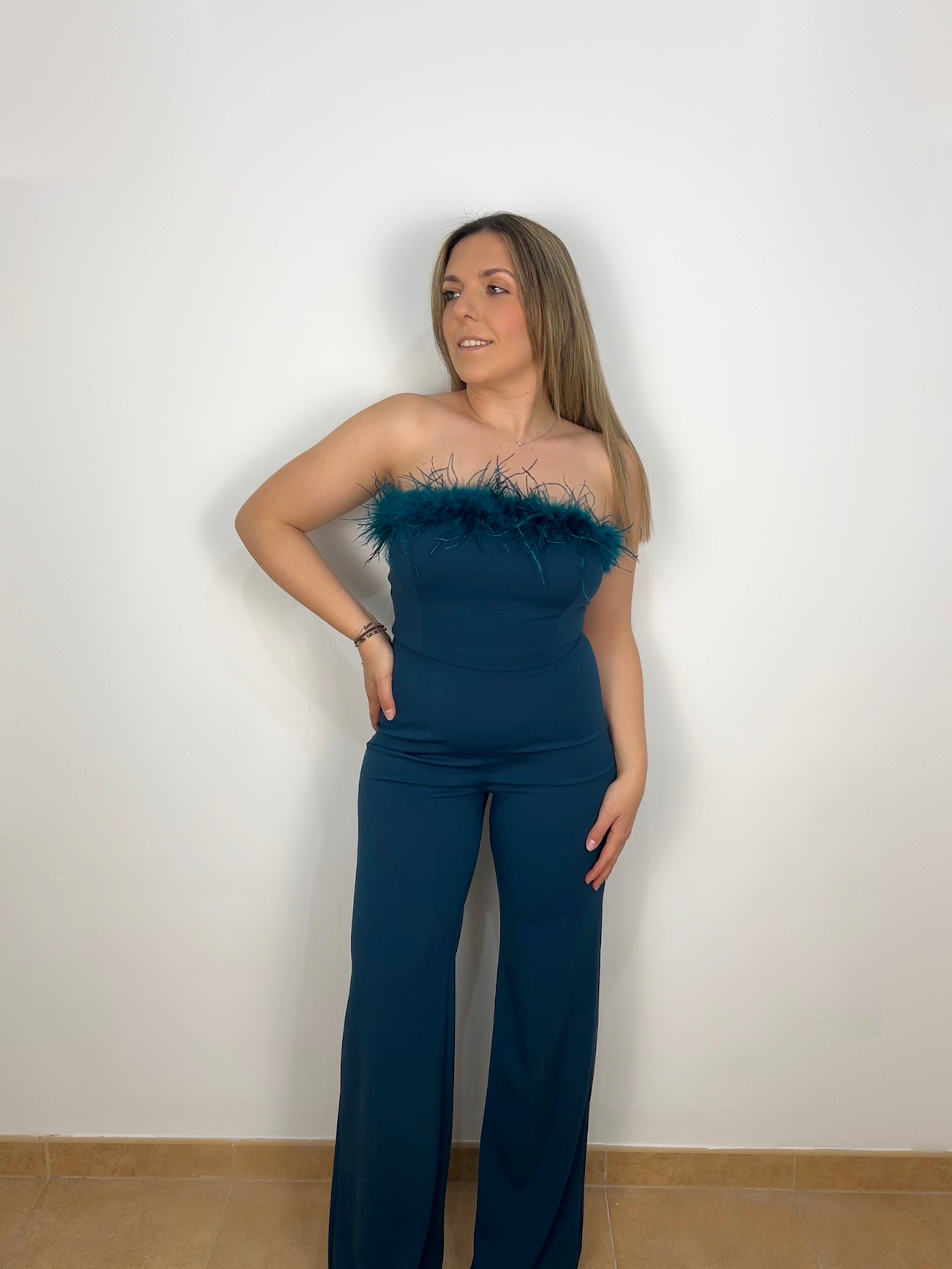 Petroleum feather neckline jumpsuit