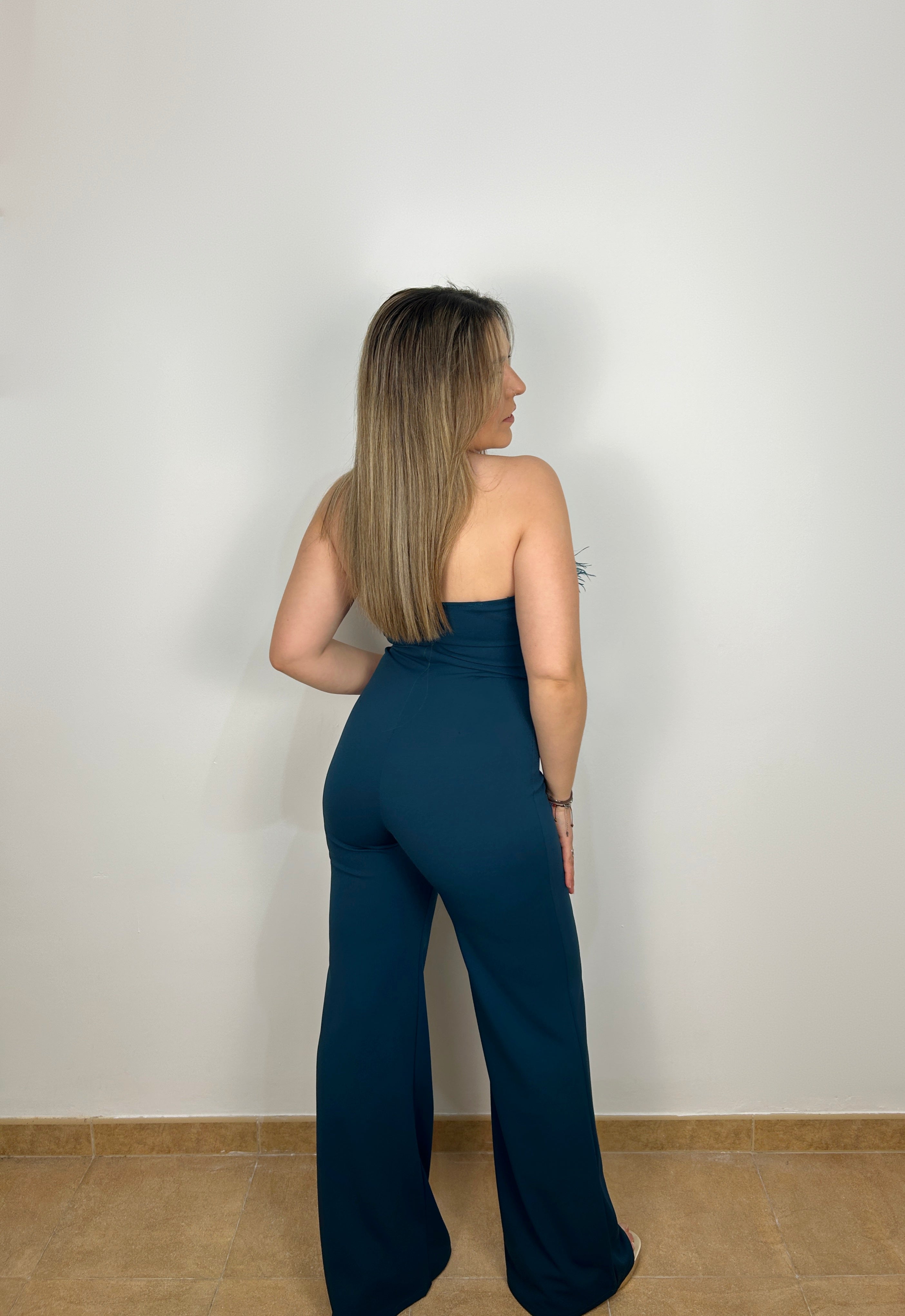 Petroleum feather neckline jumpsuit