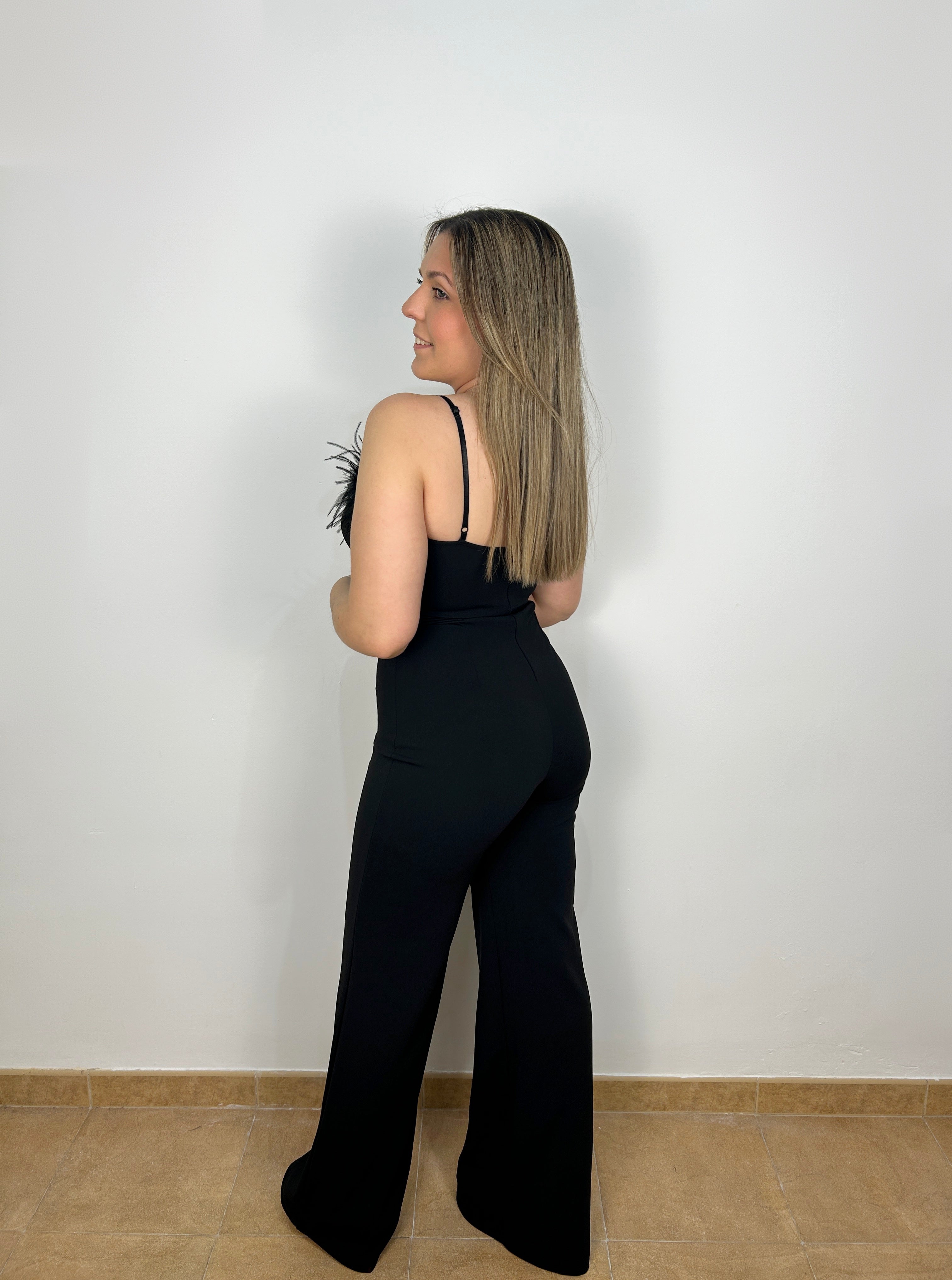 Black feather neckline jumpsuit