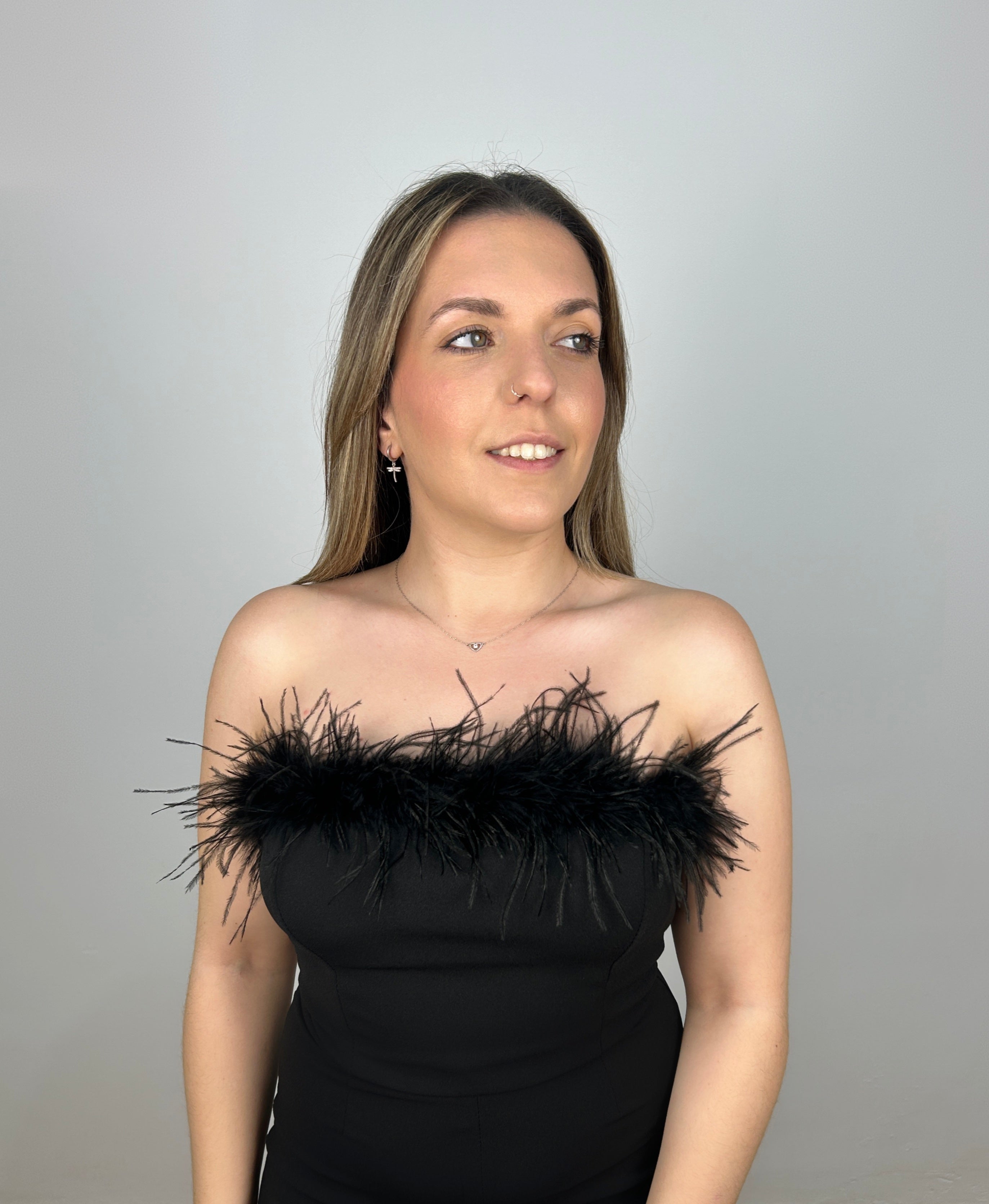 Black feather neckline jumpsuit