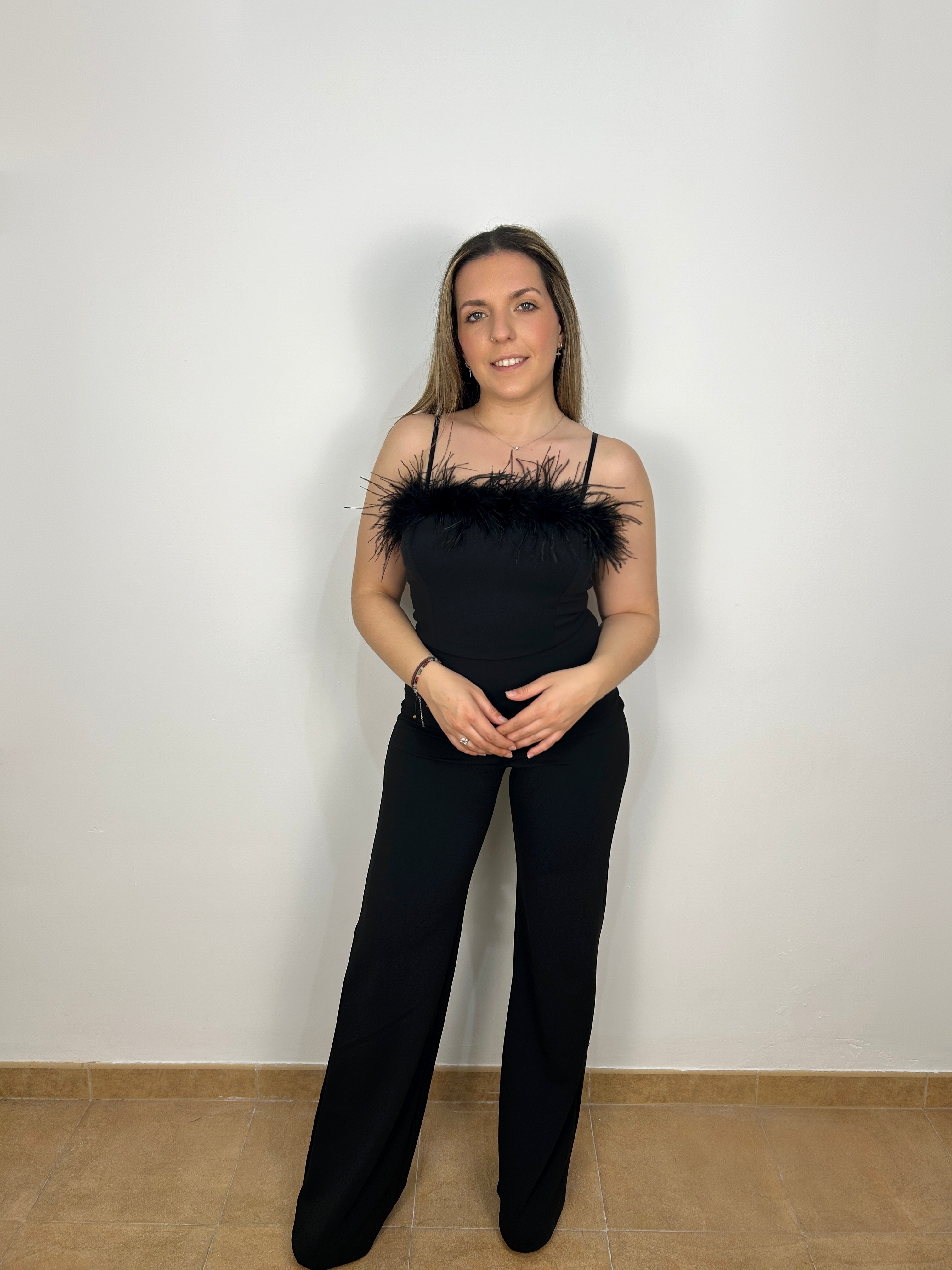 Black feather neckline jumpsuit