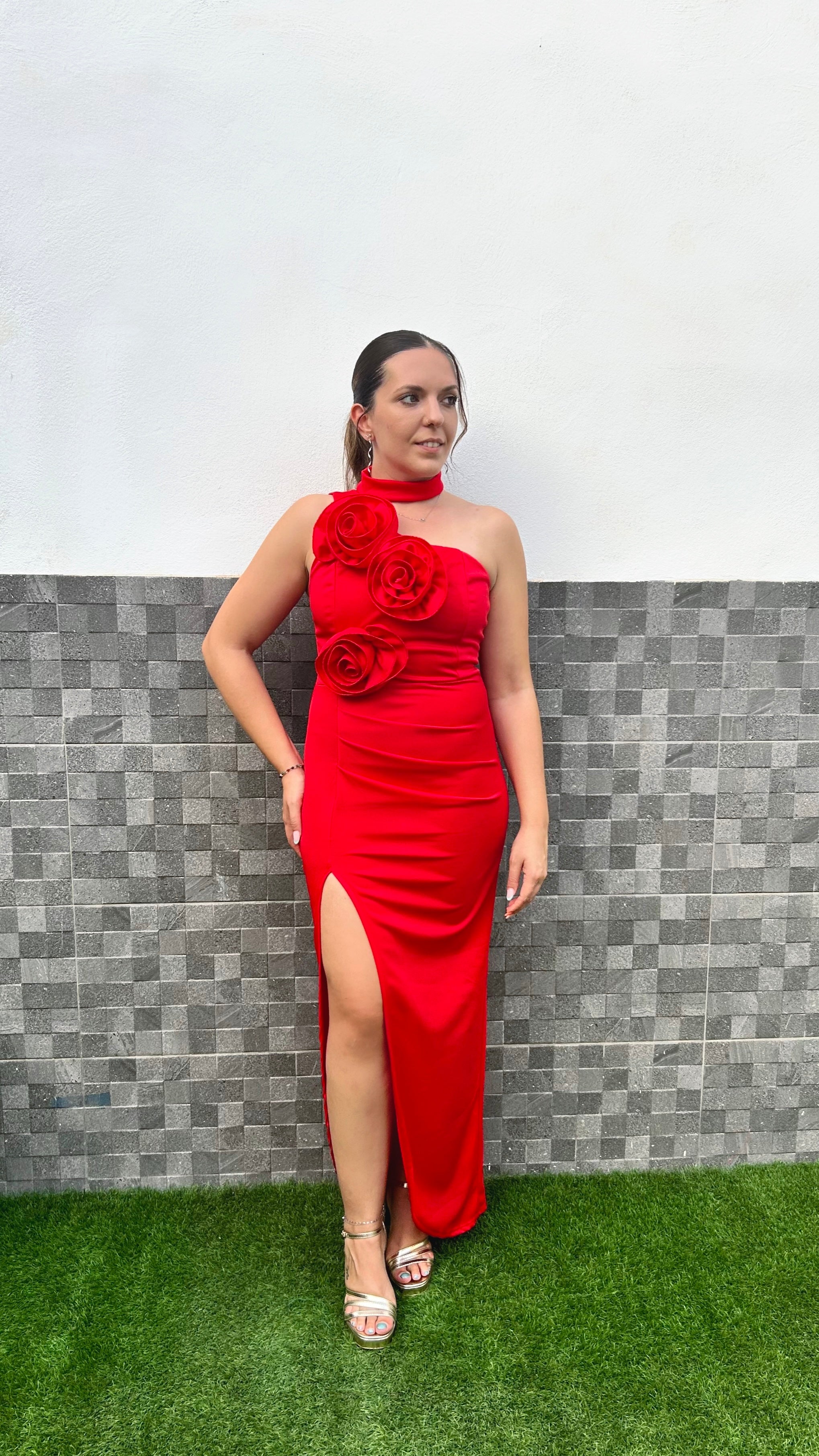 Red asymmetrical flower dress