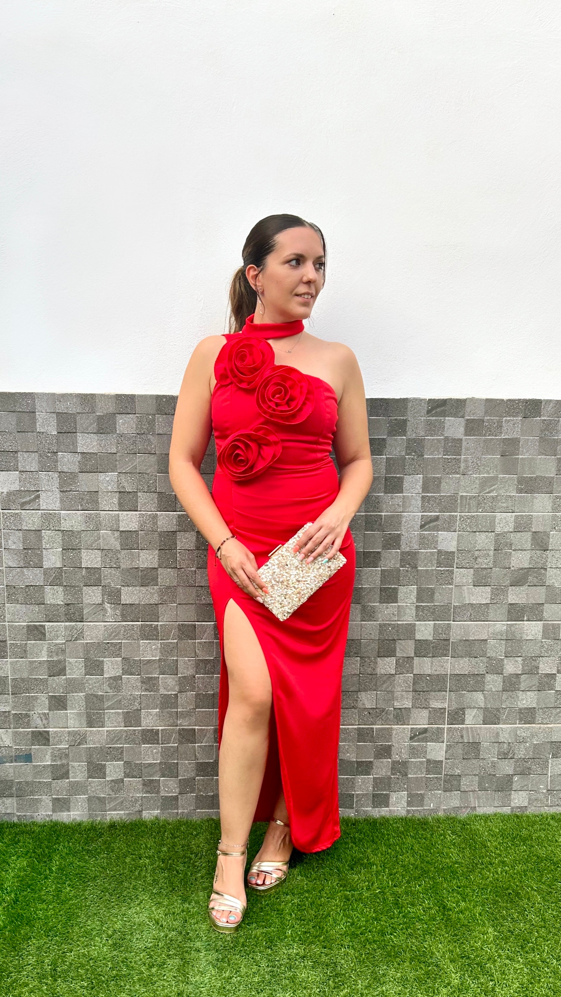 Rotes asymmetrisches Blütenkleid