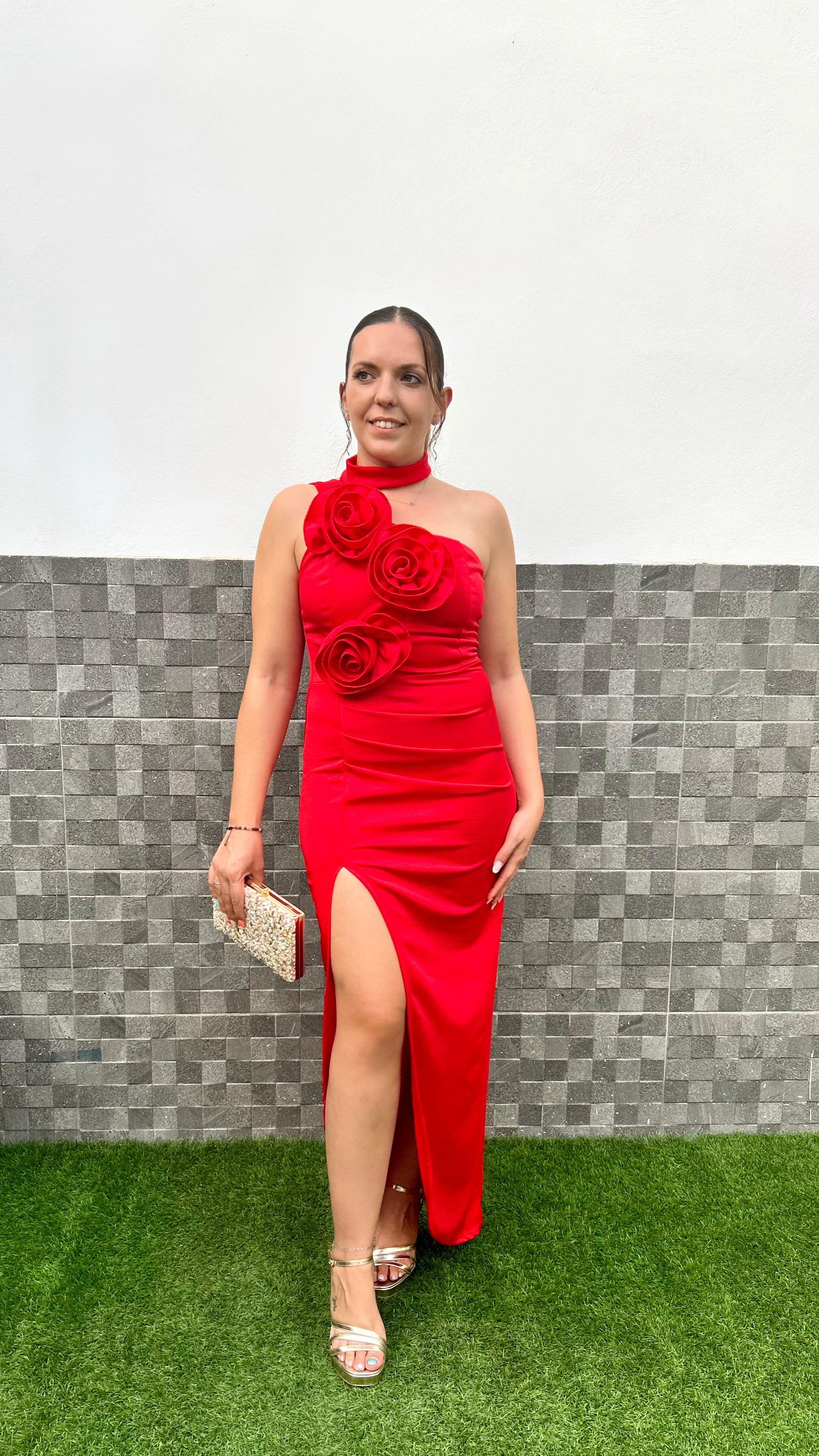 Rotes asymmetrisches Blütenkleid