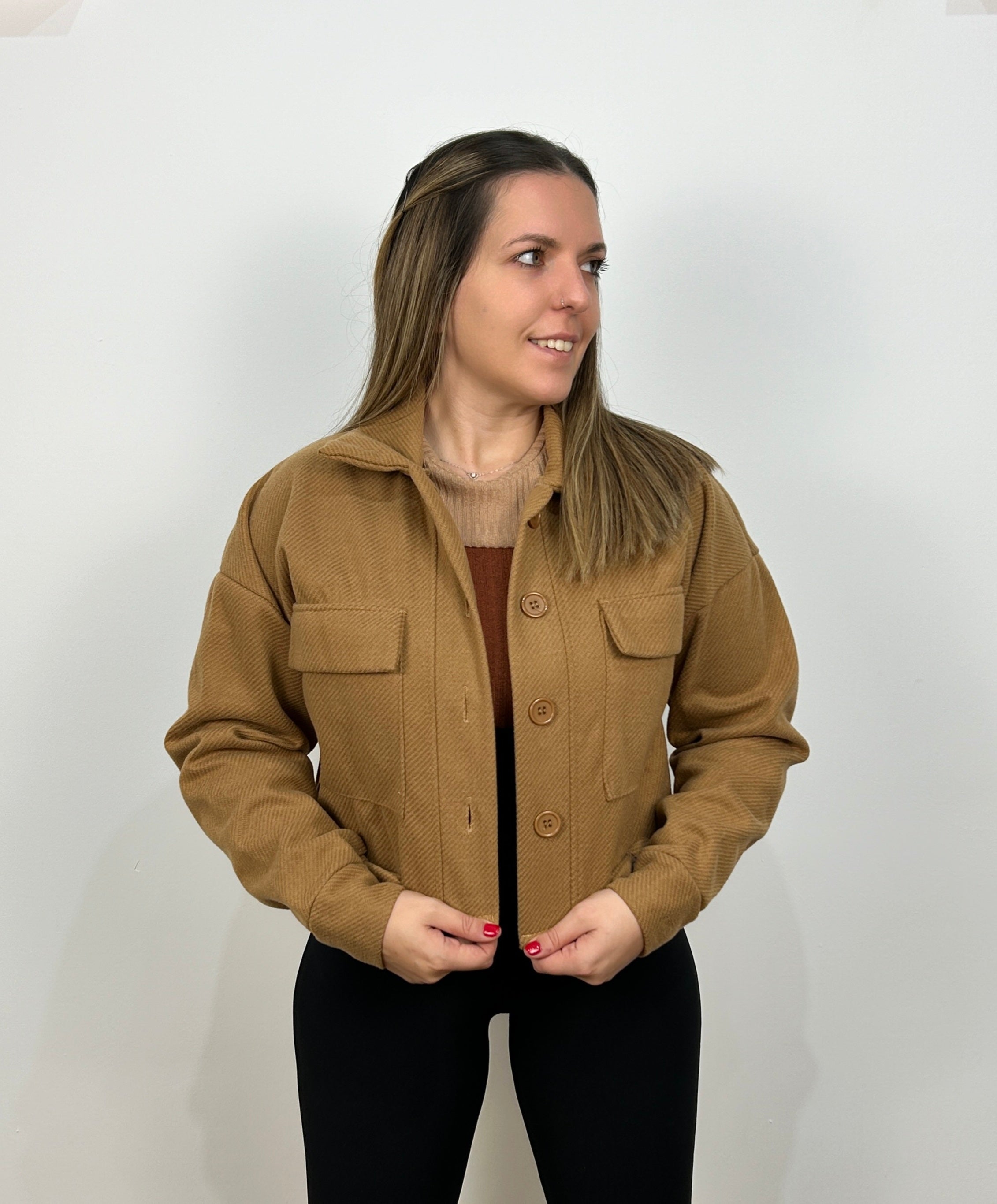 Chaqueta crop tejido paño camel