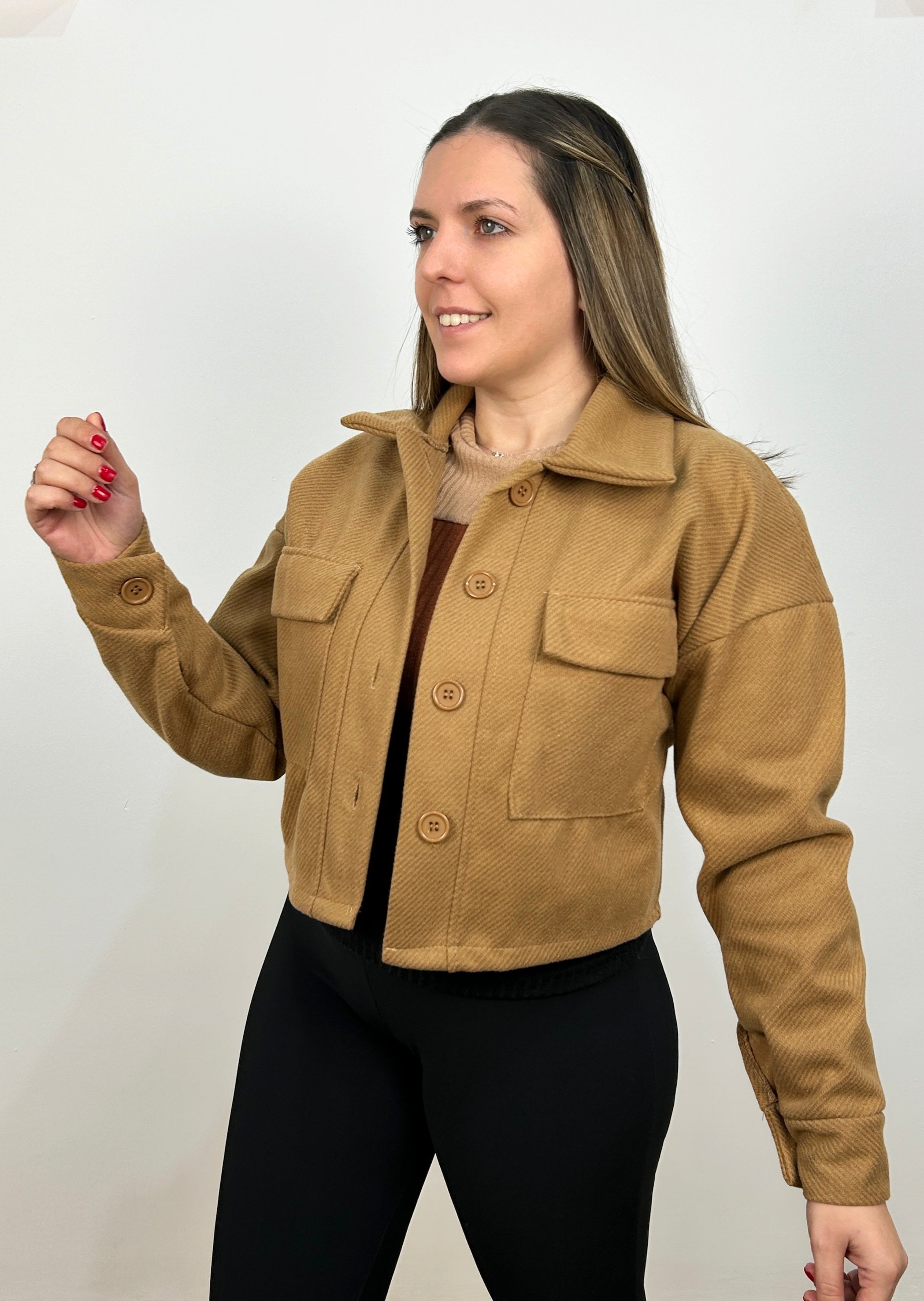 Chaqueta crop tejido paño camel