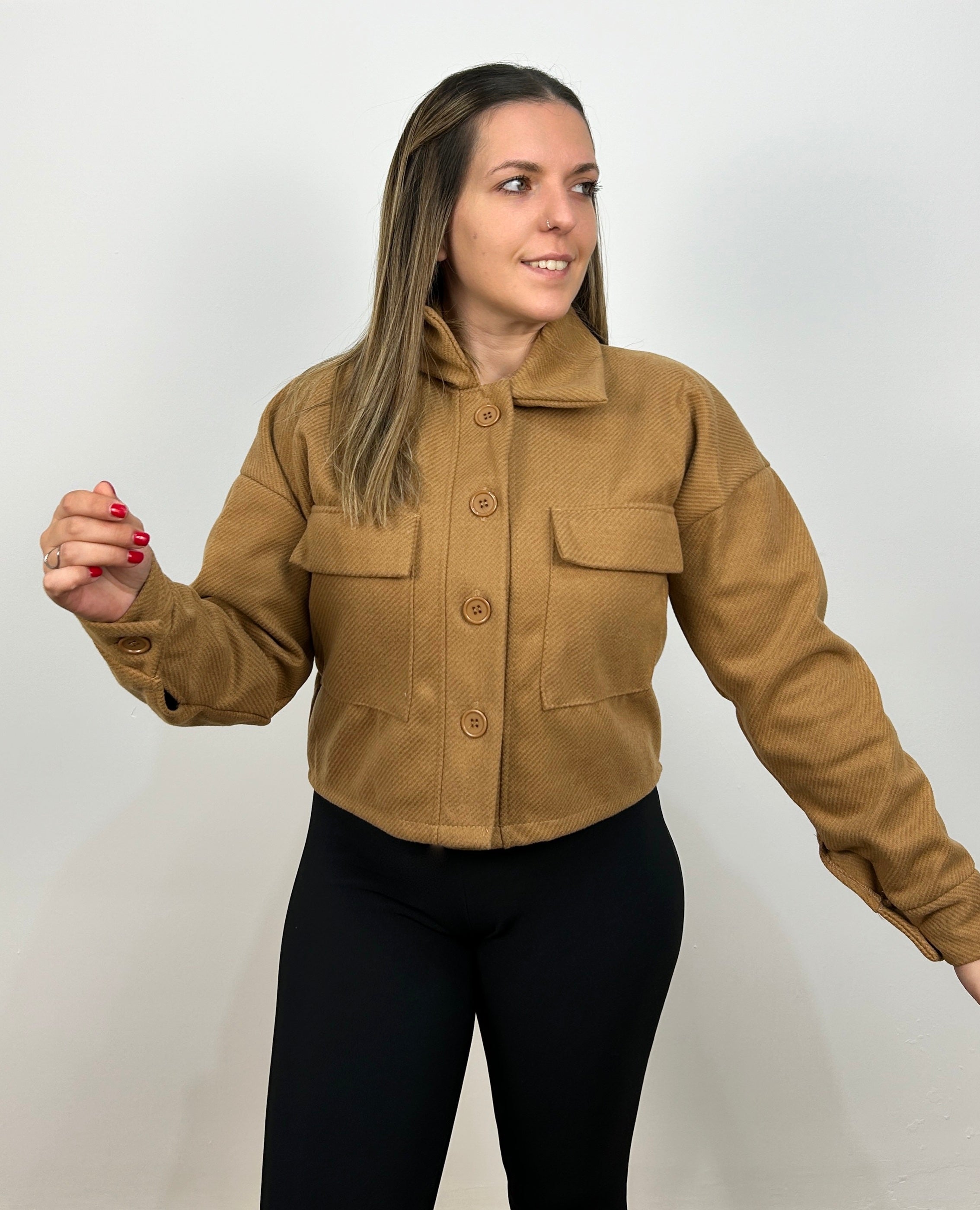 Chaqueta crop tejido paño camel