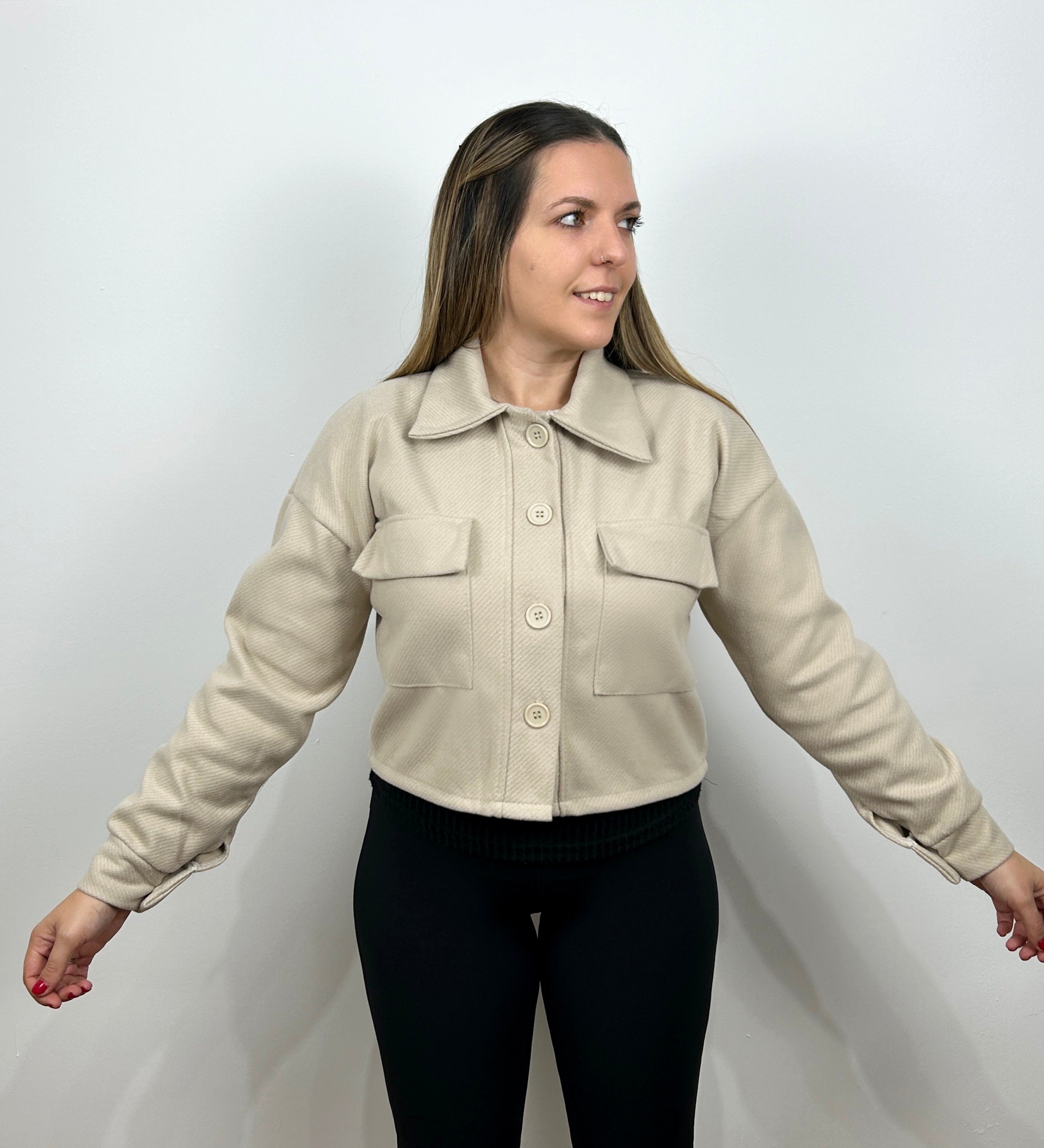 Chaqueta crop tejido paño beige