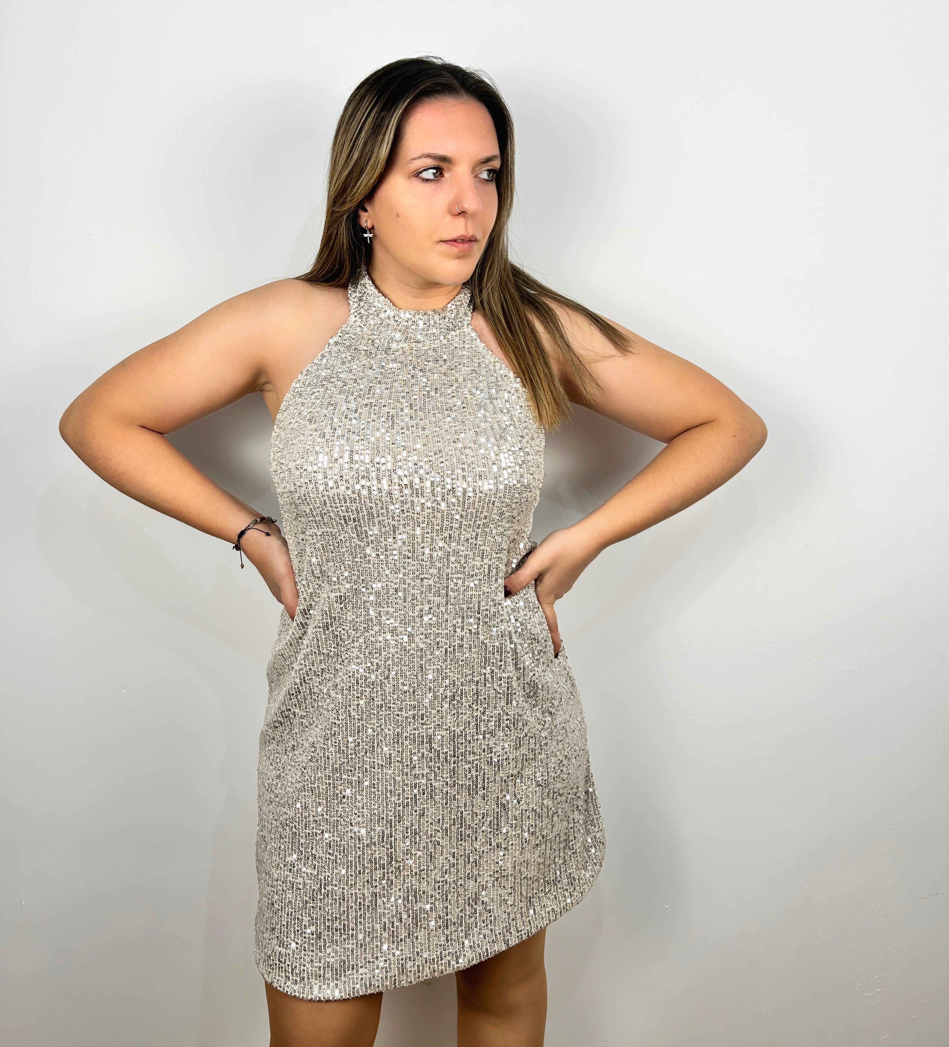 Beige glitter halter dress