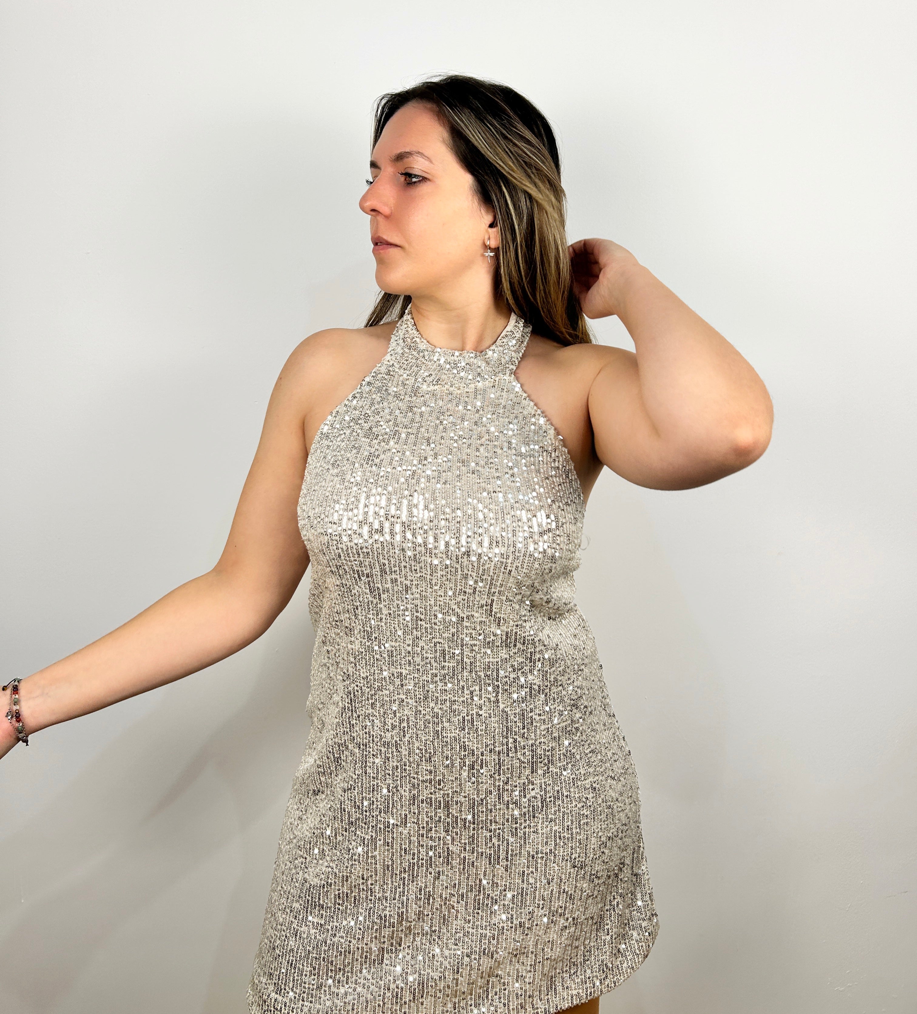 Beige glitter halter dress