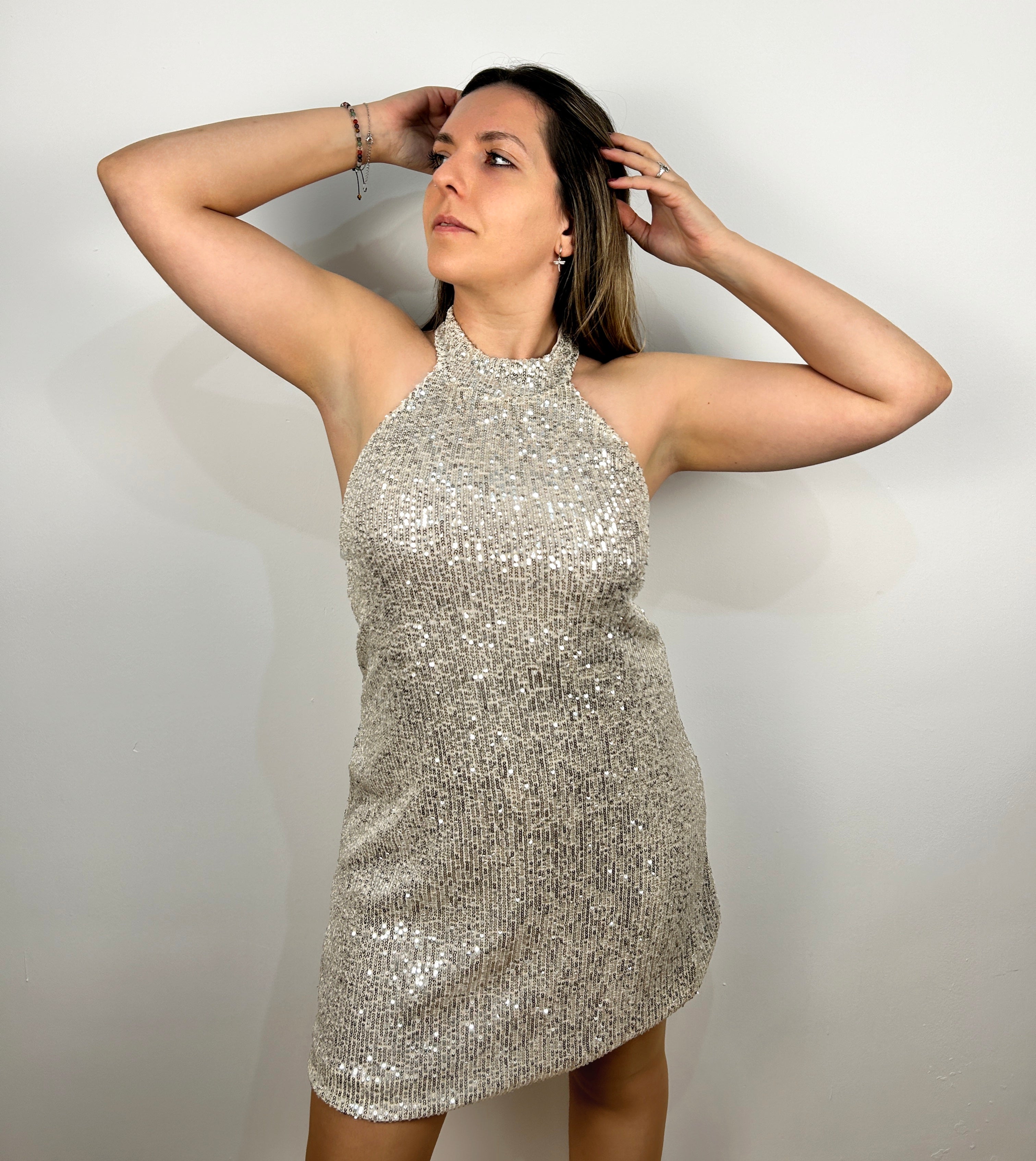 Beige glitter halter dress