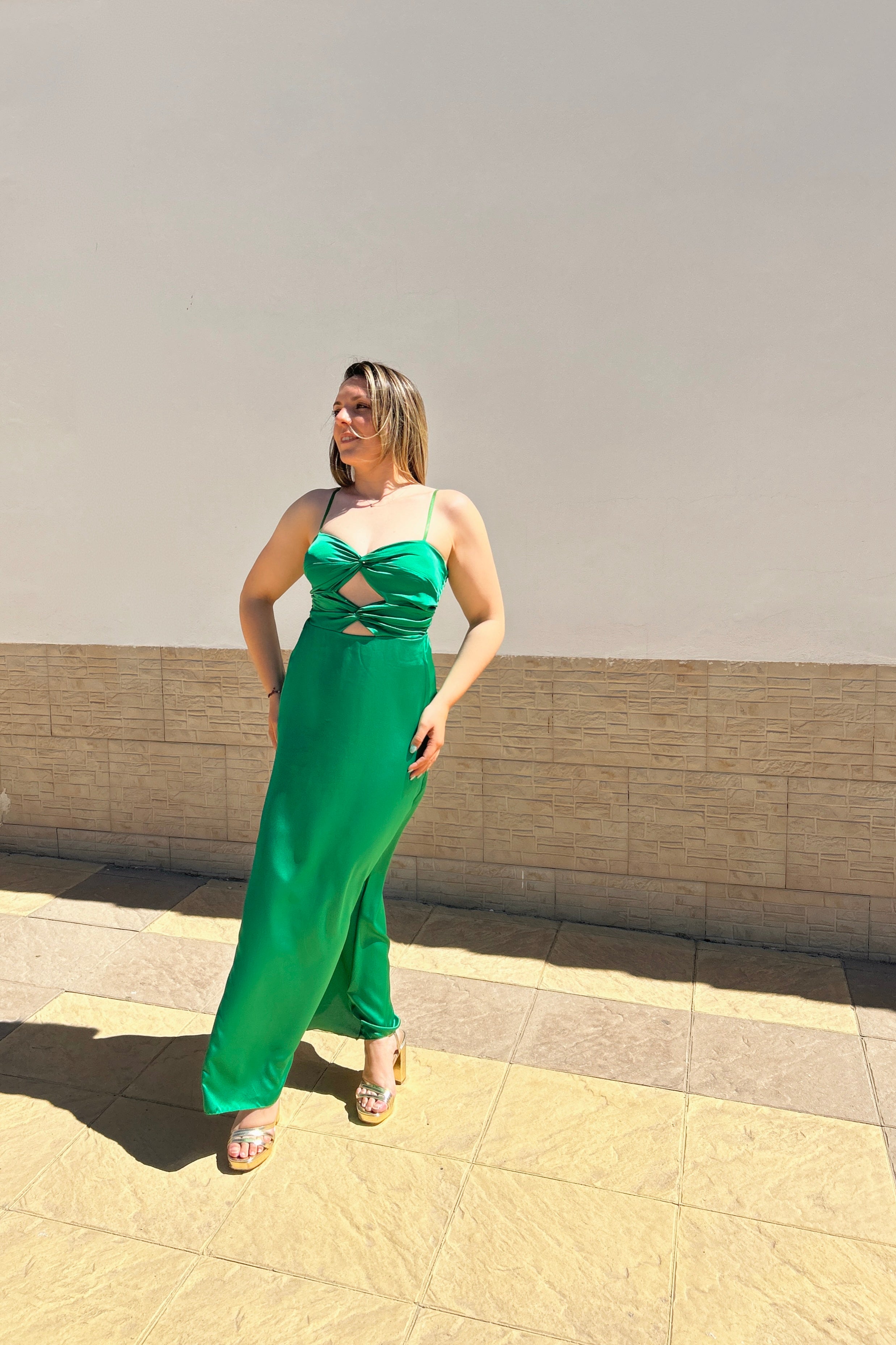 Green midi dress with slit neckline