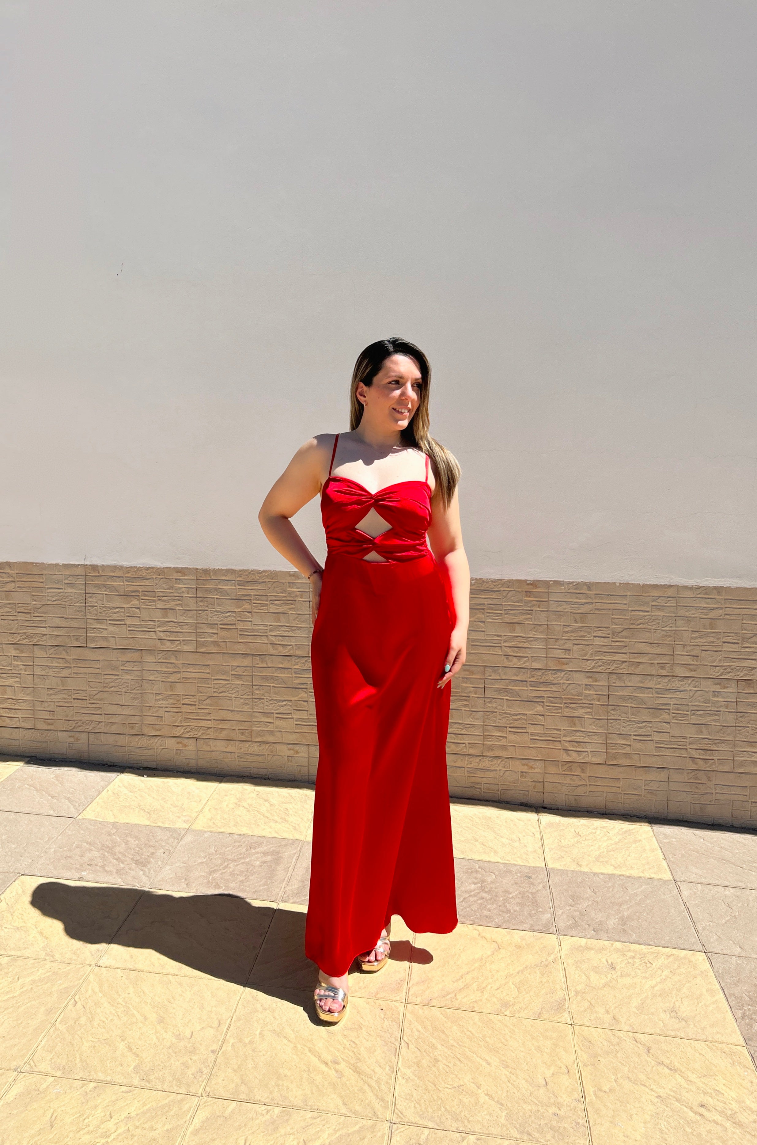 Red midi dress with slit neckline