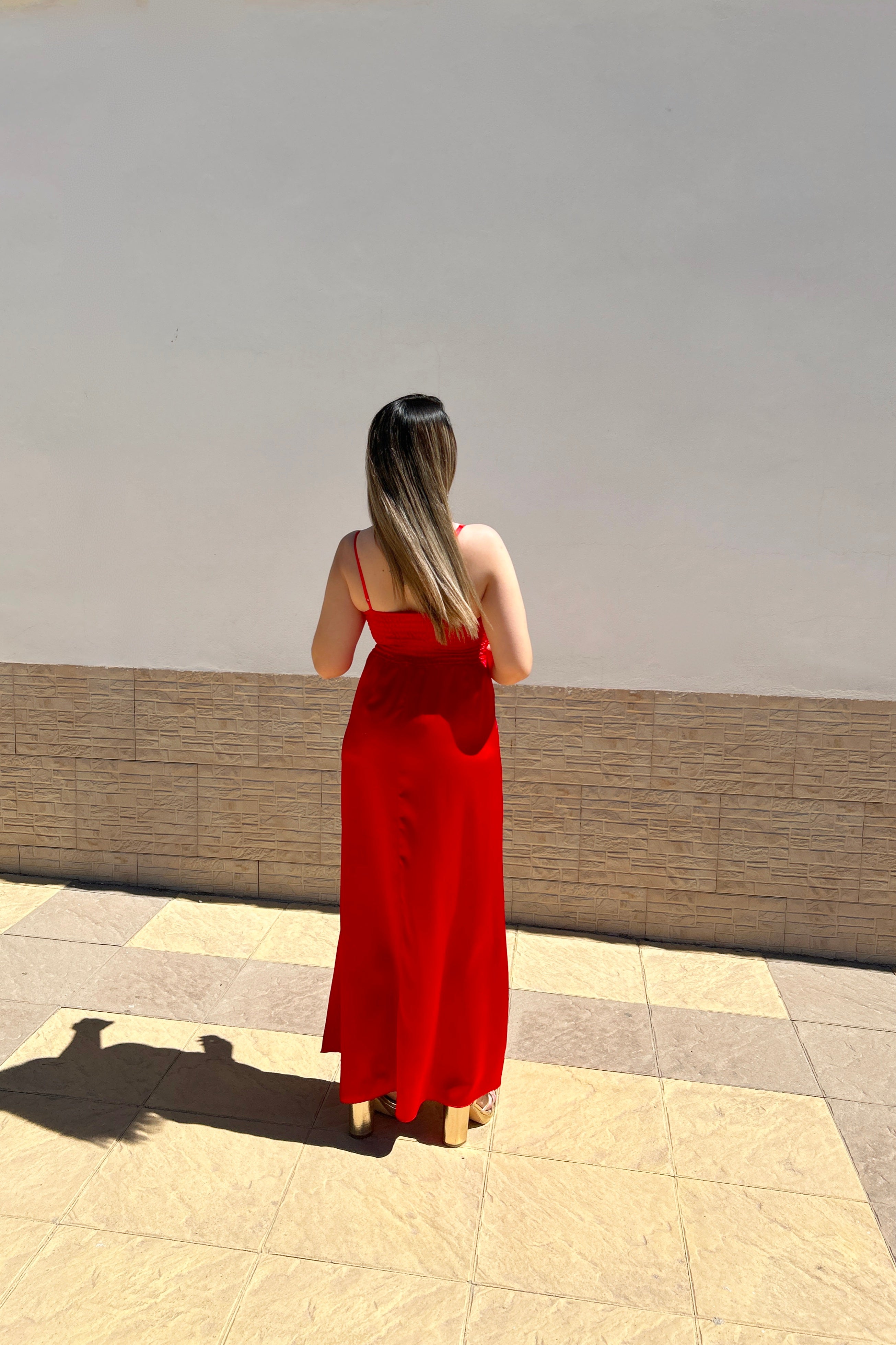 Red midi dress with slit neckline