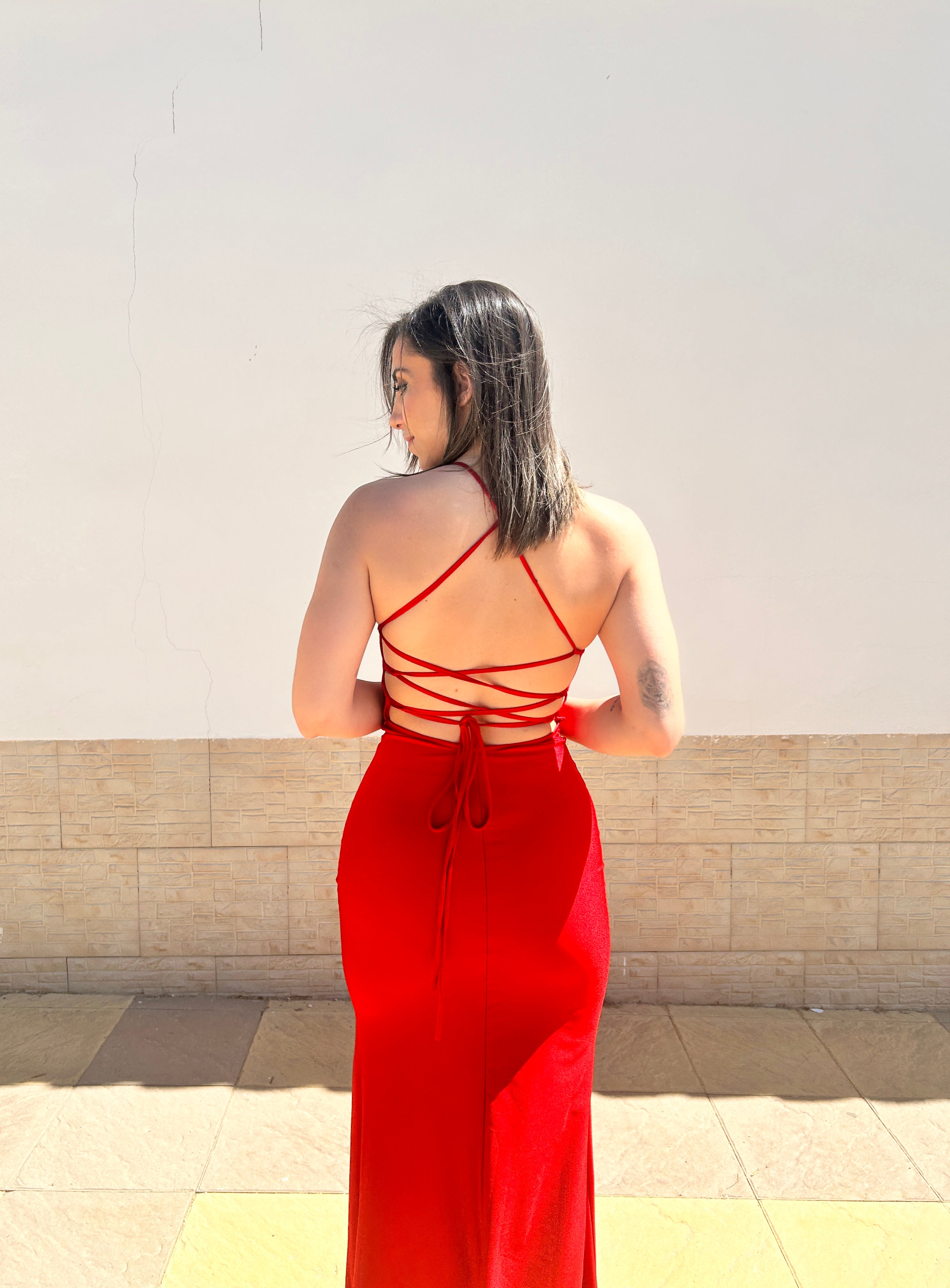 Red satin dress with interlaced back